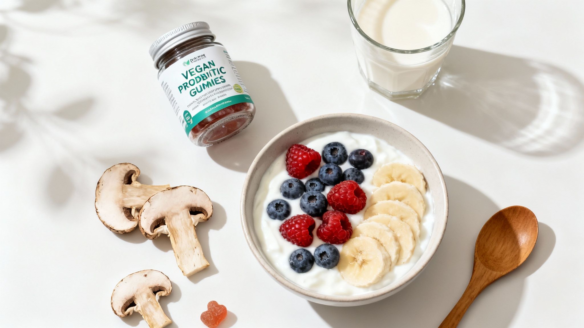 Vegan probiotic gummies, yogurt with fresh berries and banana, milk, and mushrooms on a white surface.