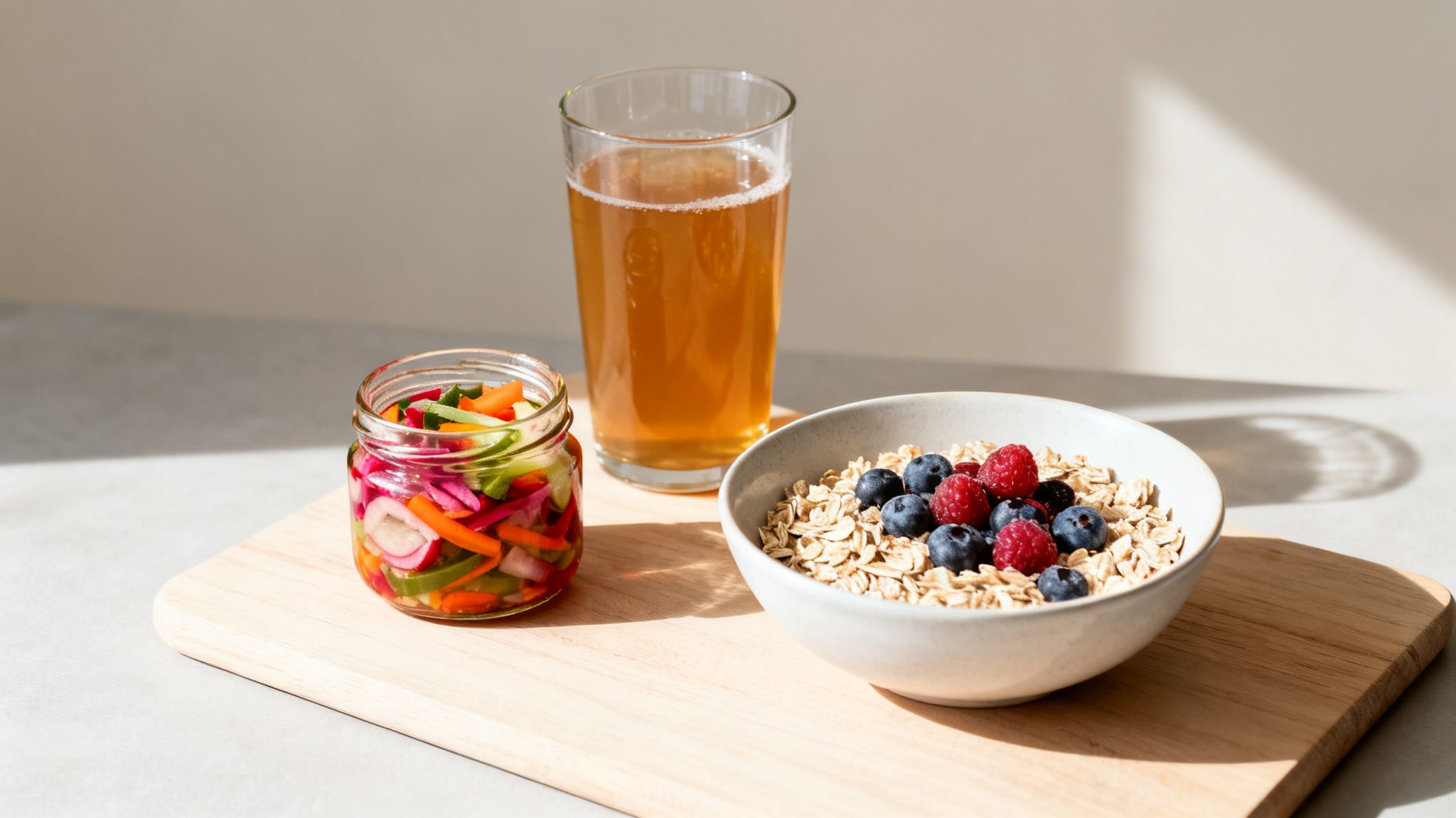 Healthy breakfast or snack with pickled vegetables, a drink, and oatmeal with berries on a wooden board.