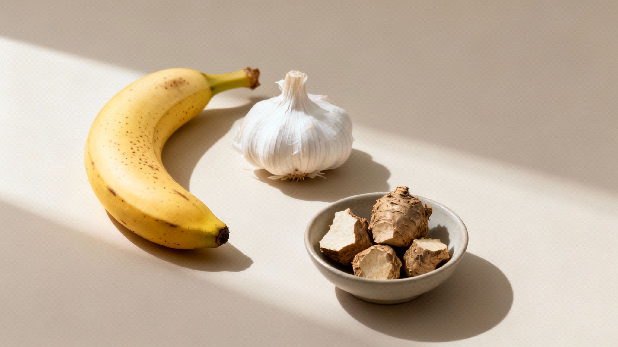 A ripe banana, a whole garlic head, and a bowl of root vegetable pieces on a beige surface.