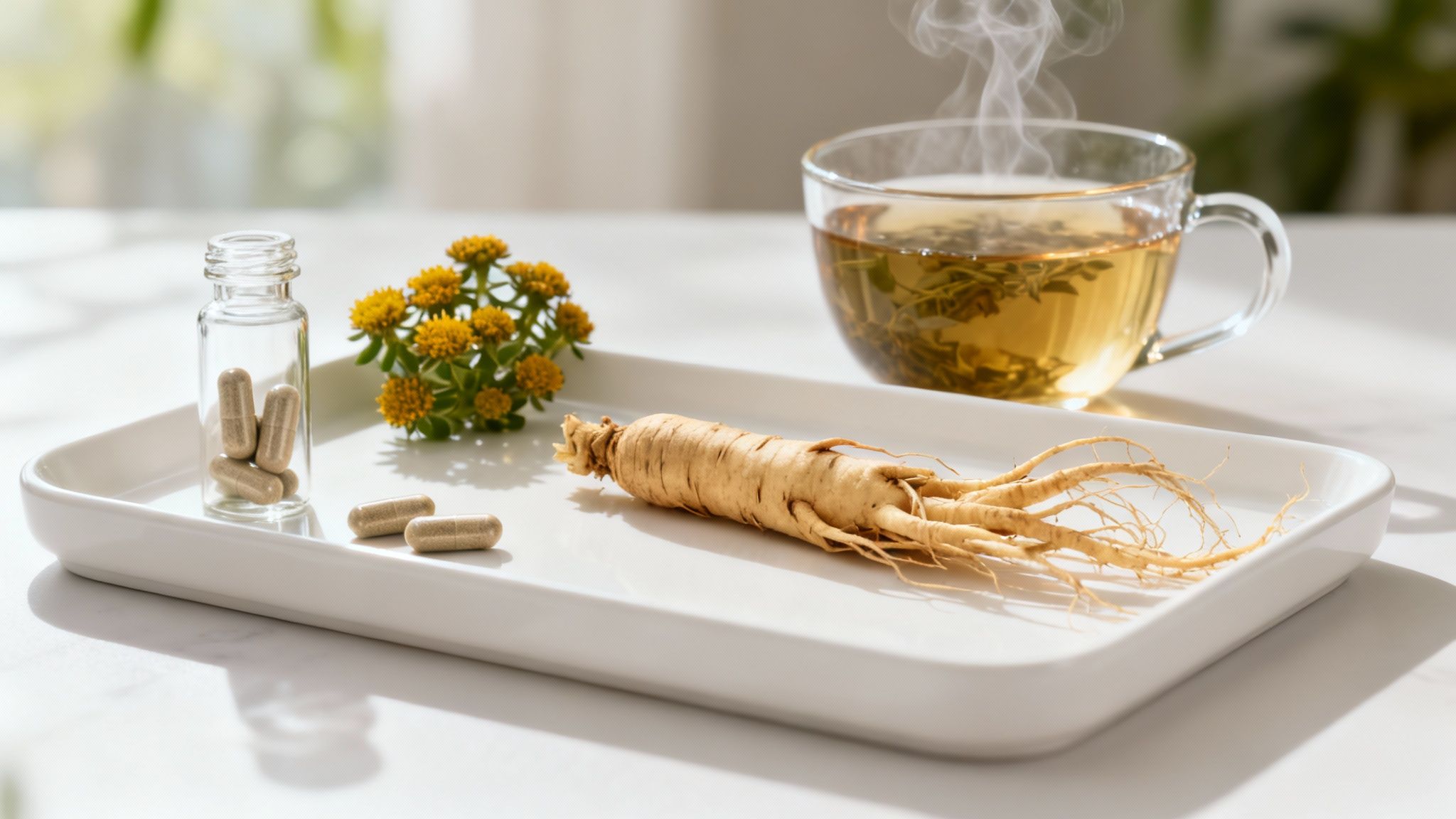 A ginseng root, herbal capsules, and steaming tea on a white tray for natural remedies.