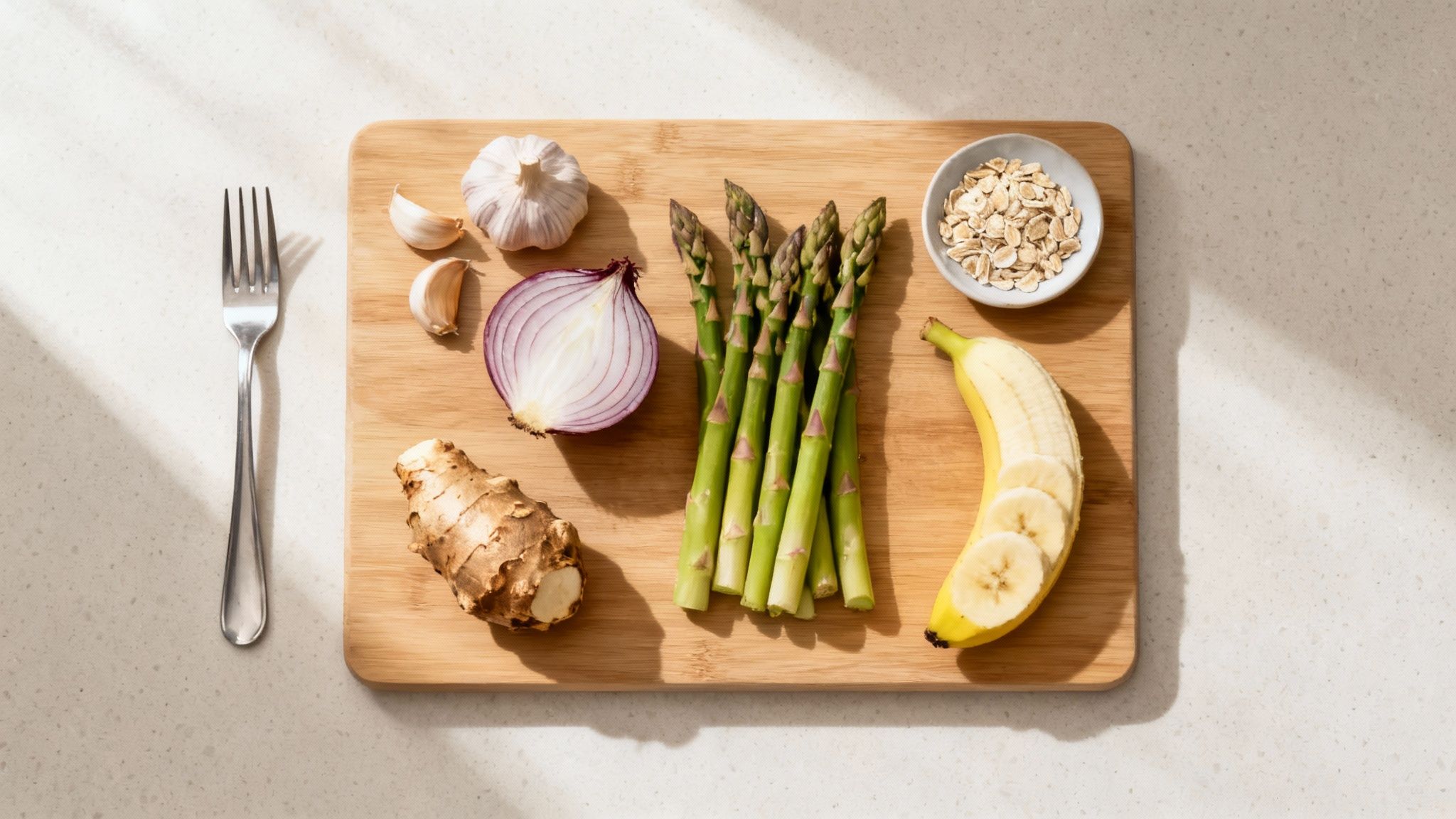 A variety of prebiotic foods like garlic, onions, and asparagus arranged on a wooden surface.