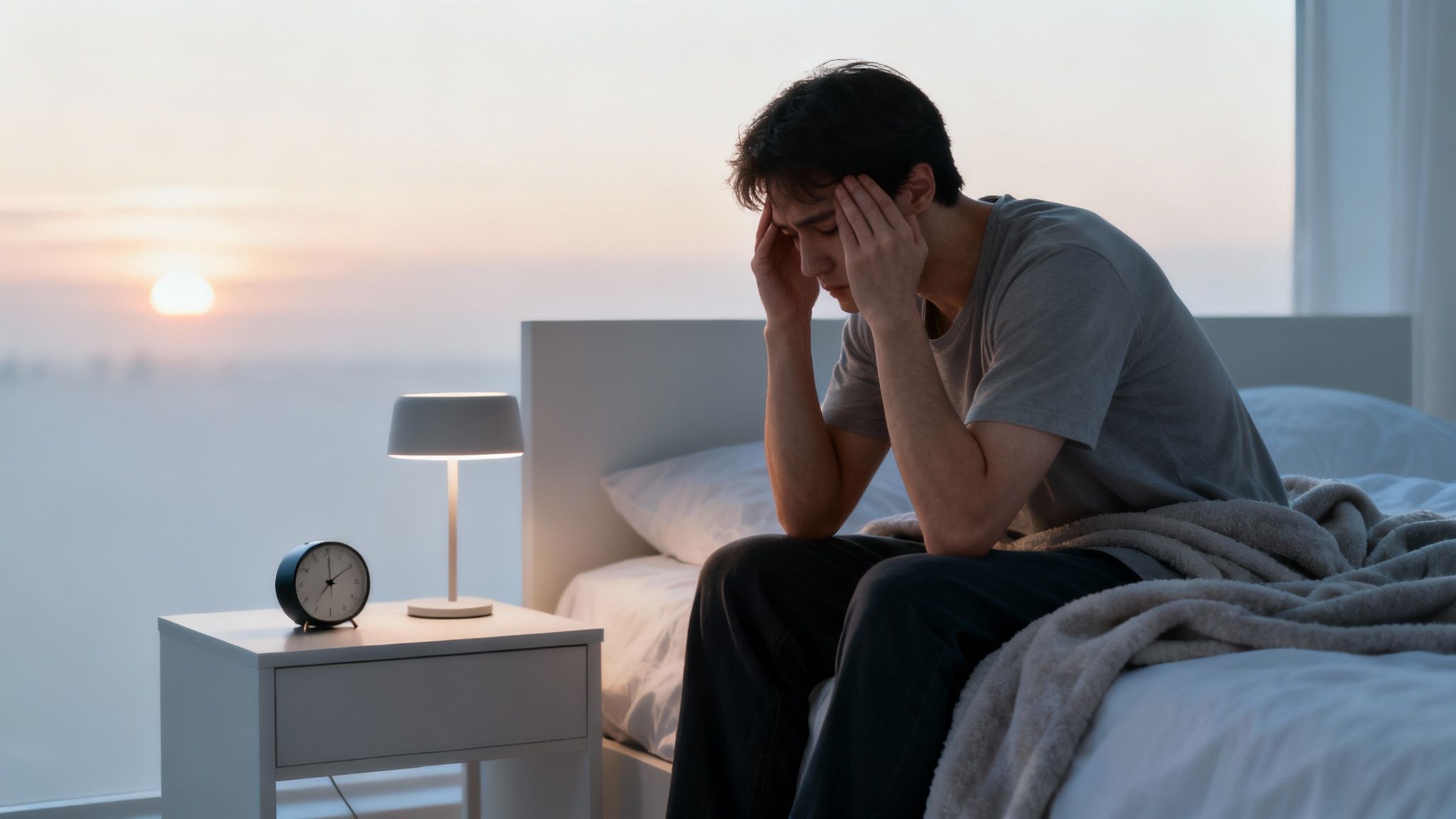 Woman sitting on her bed, looking tired with her head in her hands.