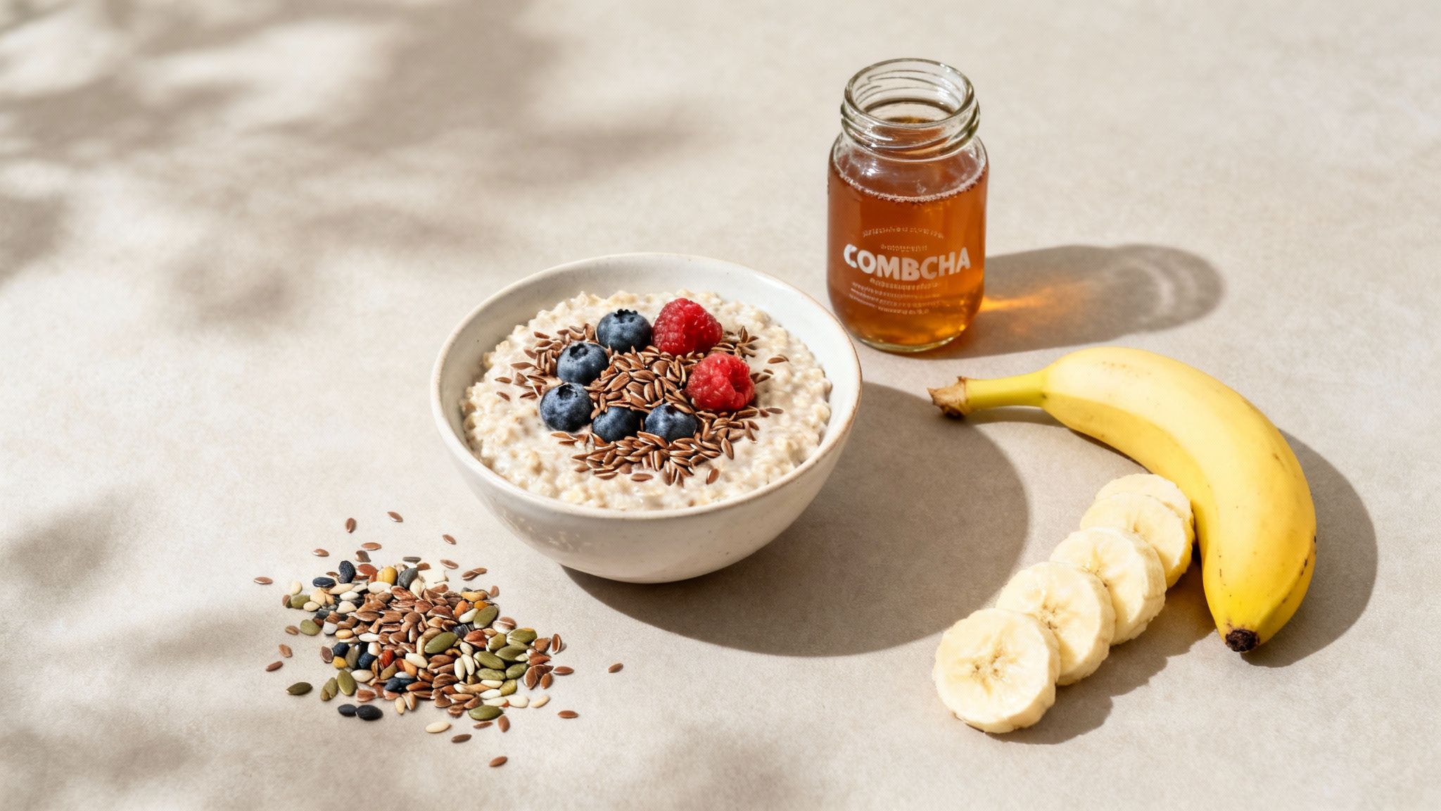 A healthy breakfast with oatmeal, berries, banana, kombucha, and various seeds on a light surface.