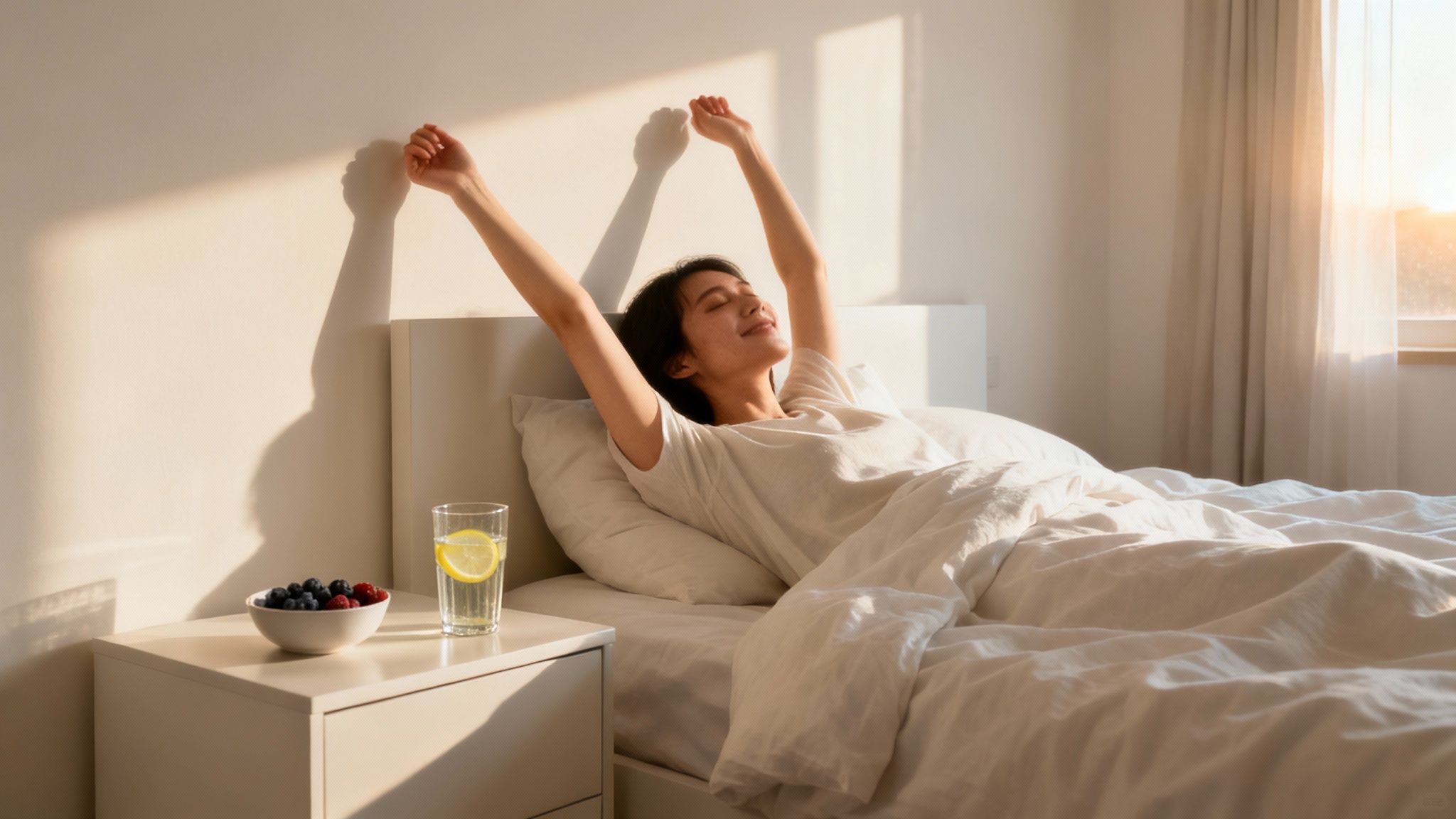 A young woman in white stretches in bed, basking in morning sunlight with drinks and fruit.