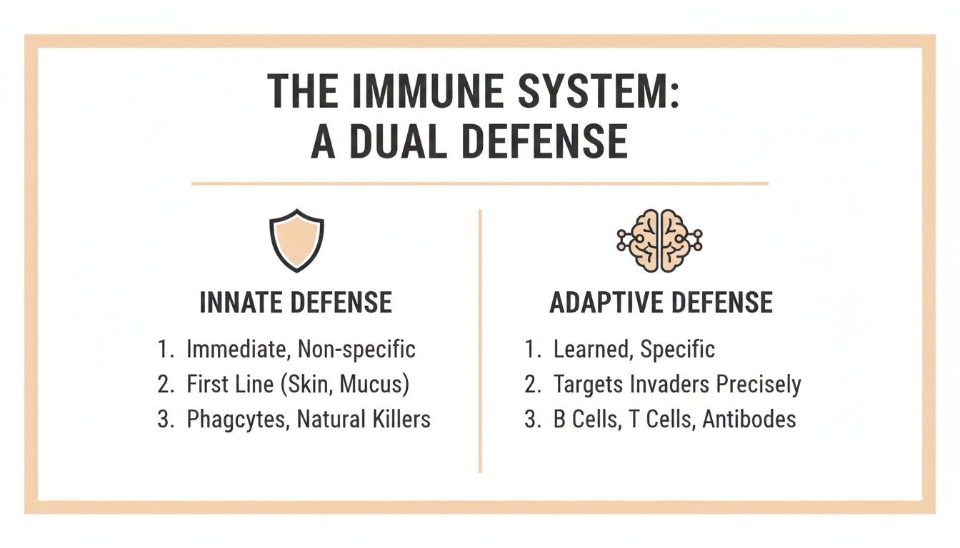 Infographic comparing the innate and adaptive immune systems, detailing their characteristics and components.