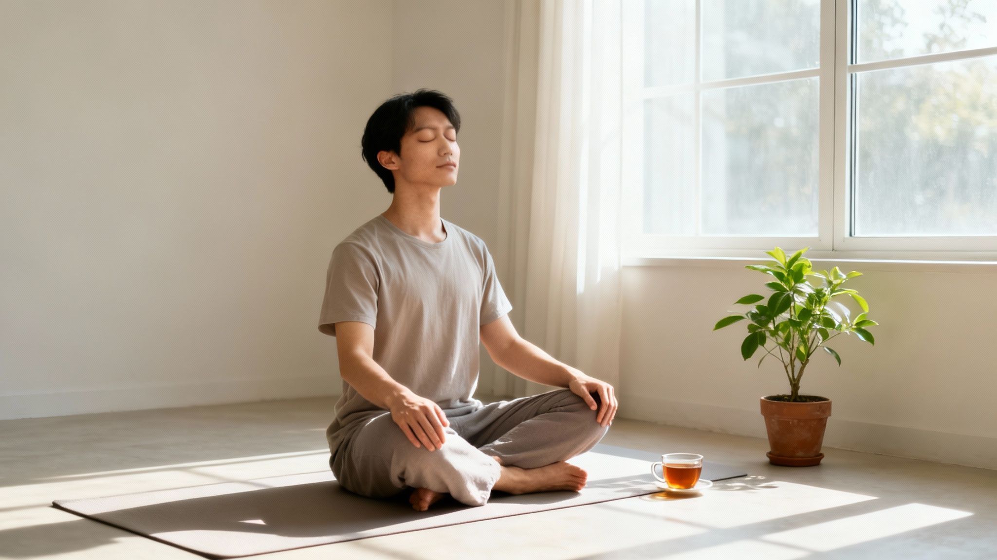 A man meditates peacefully in a sunlit room on a yoga mat with a cup of tea nearby.
