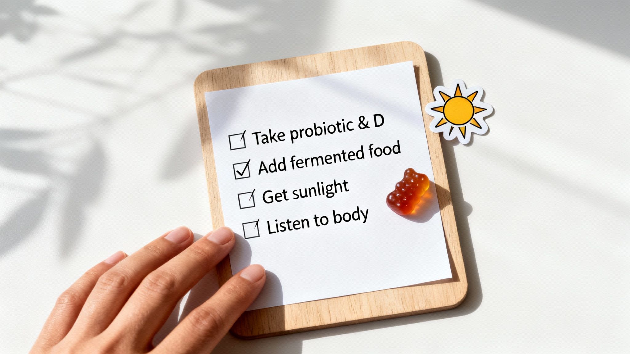 A hand next to a wellness checklist with items like 'Take probiotic & D', 'Add fermented food', and 'Get sunlight'.
