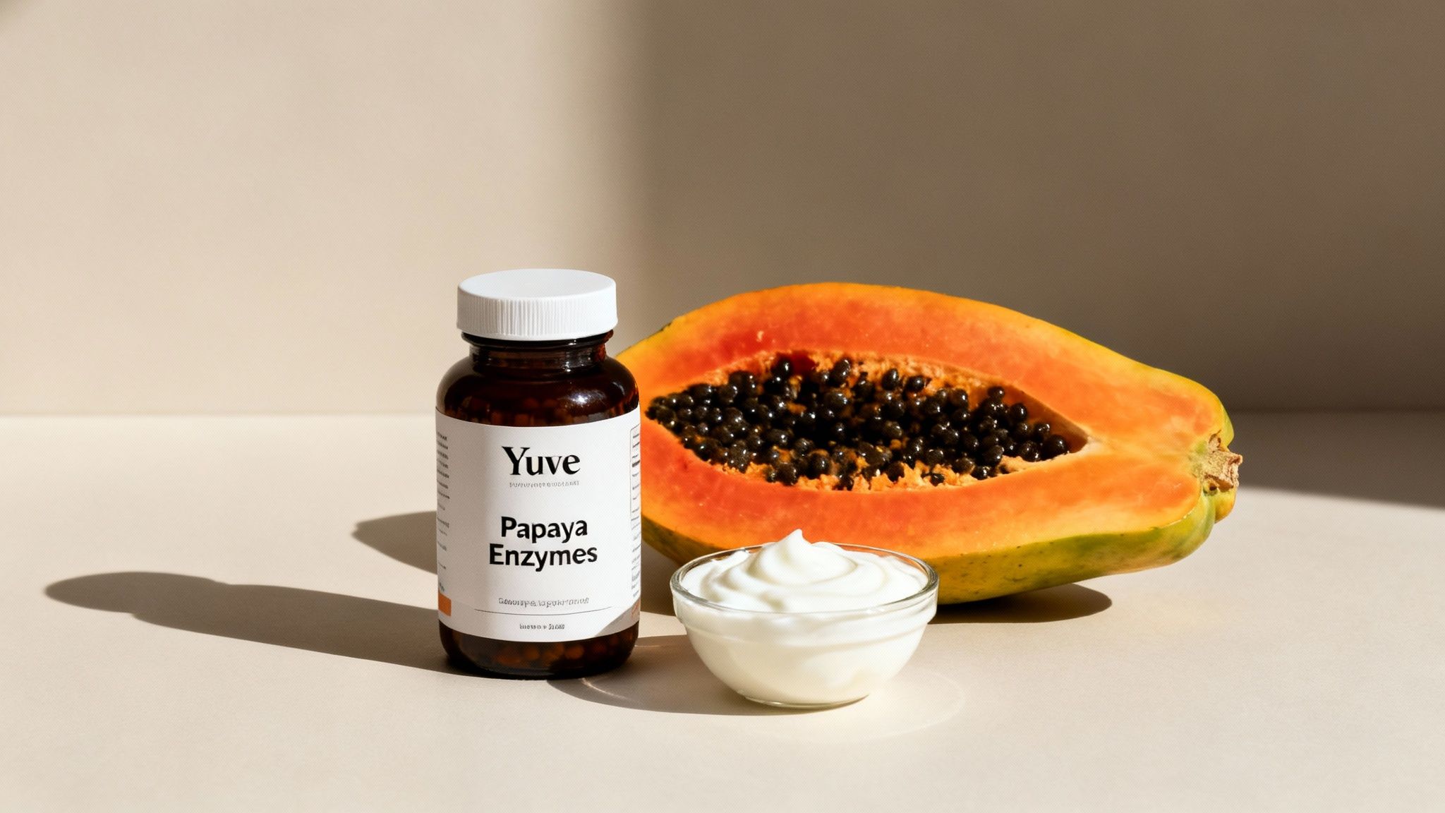 A Yuva Papaya Enzymes supplement bottle next to a halved papaya and a bowl of cream.
