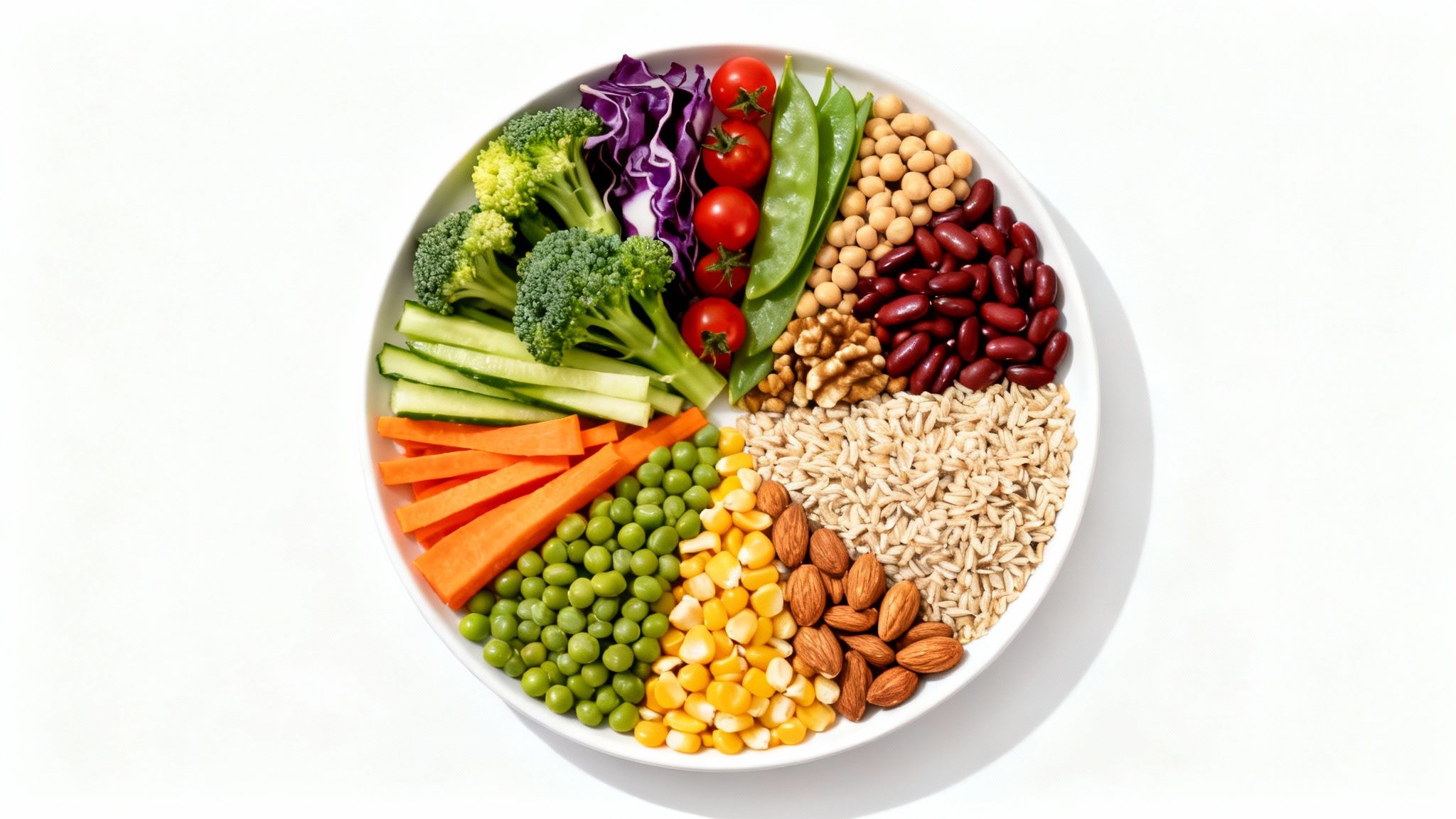 A colorful, balanced plant-based meal on a plate, divided into sections for protein, carbs, and veggies.