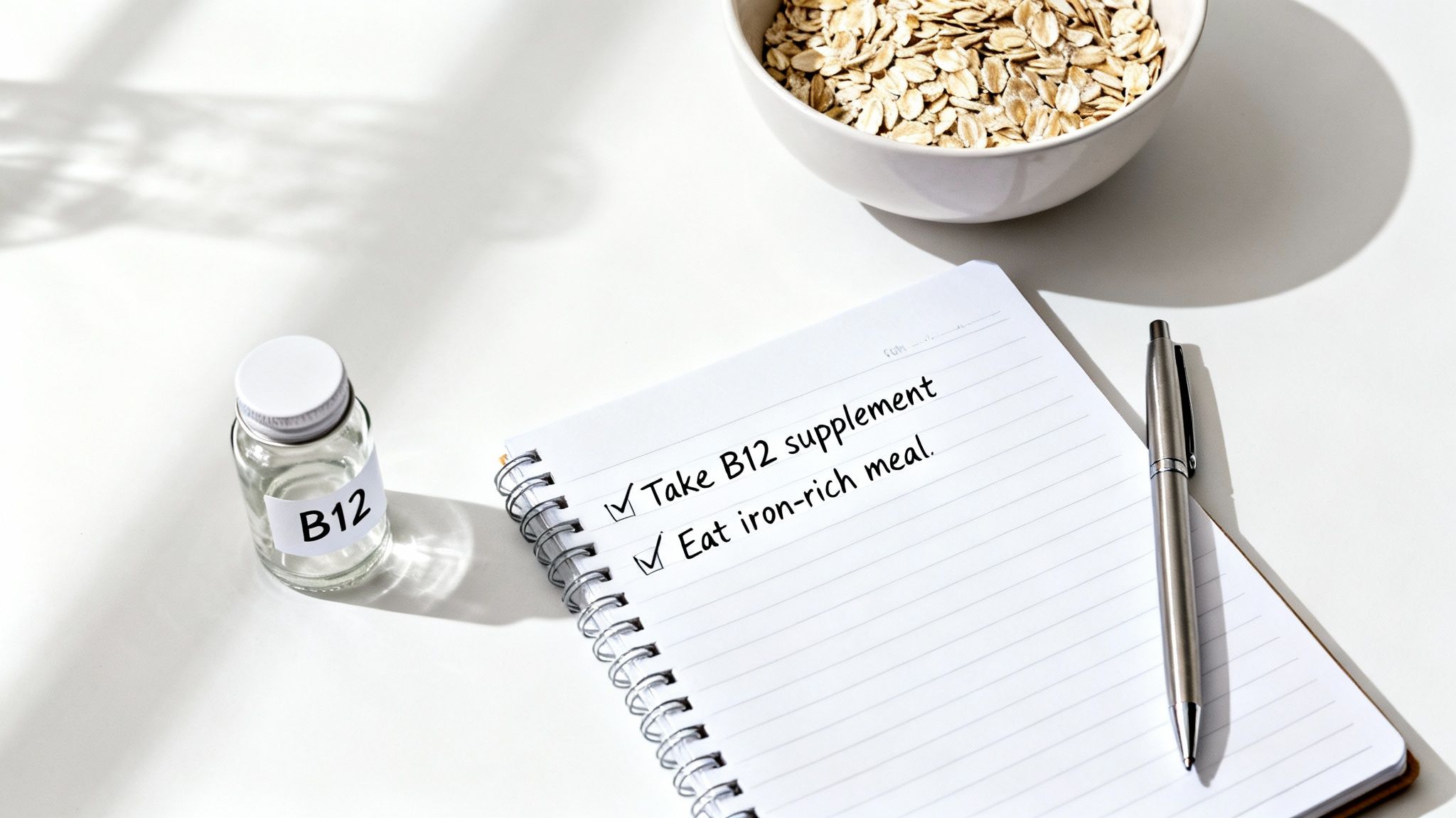 Overhead view of a B12 supplement bottle, notebook with health checklist, pen, and oats.