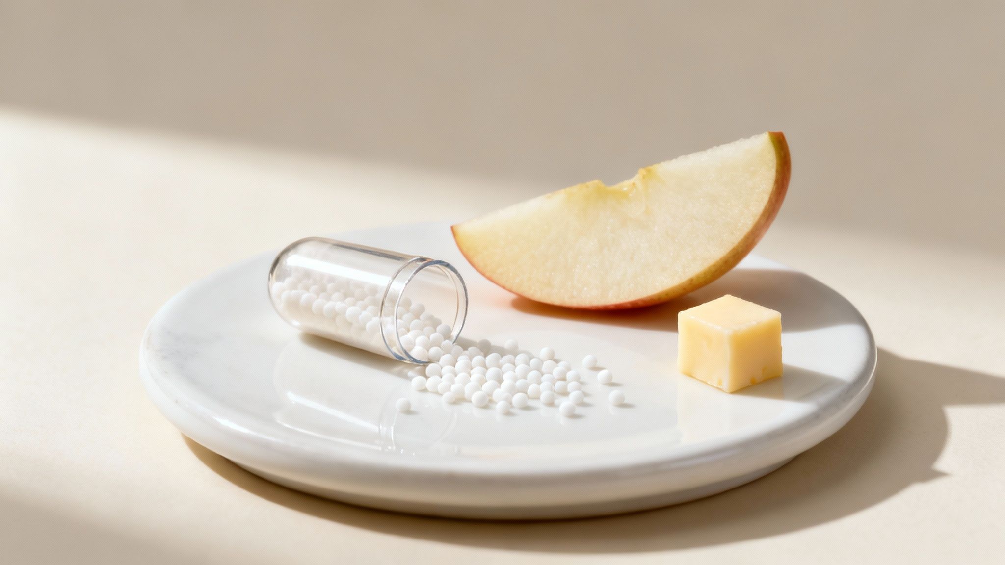 A clear capsule of white pellets spilled onto a white plate, next to an apple slice and cheese cube.