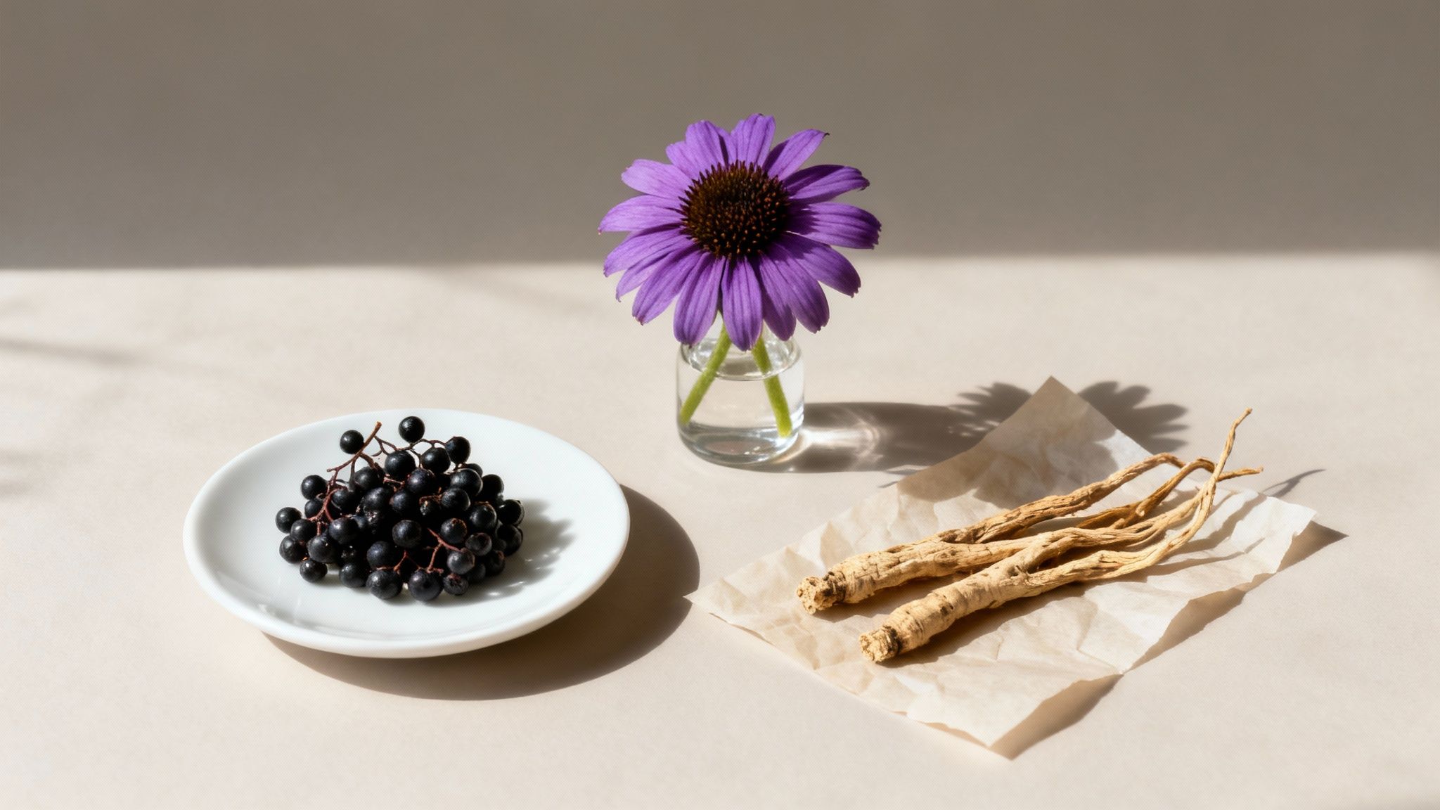 Natural immunity ingredients: black elderberries, purple echinacea flower, and dried ginseng roots.