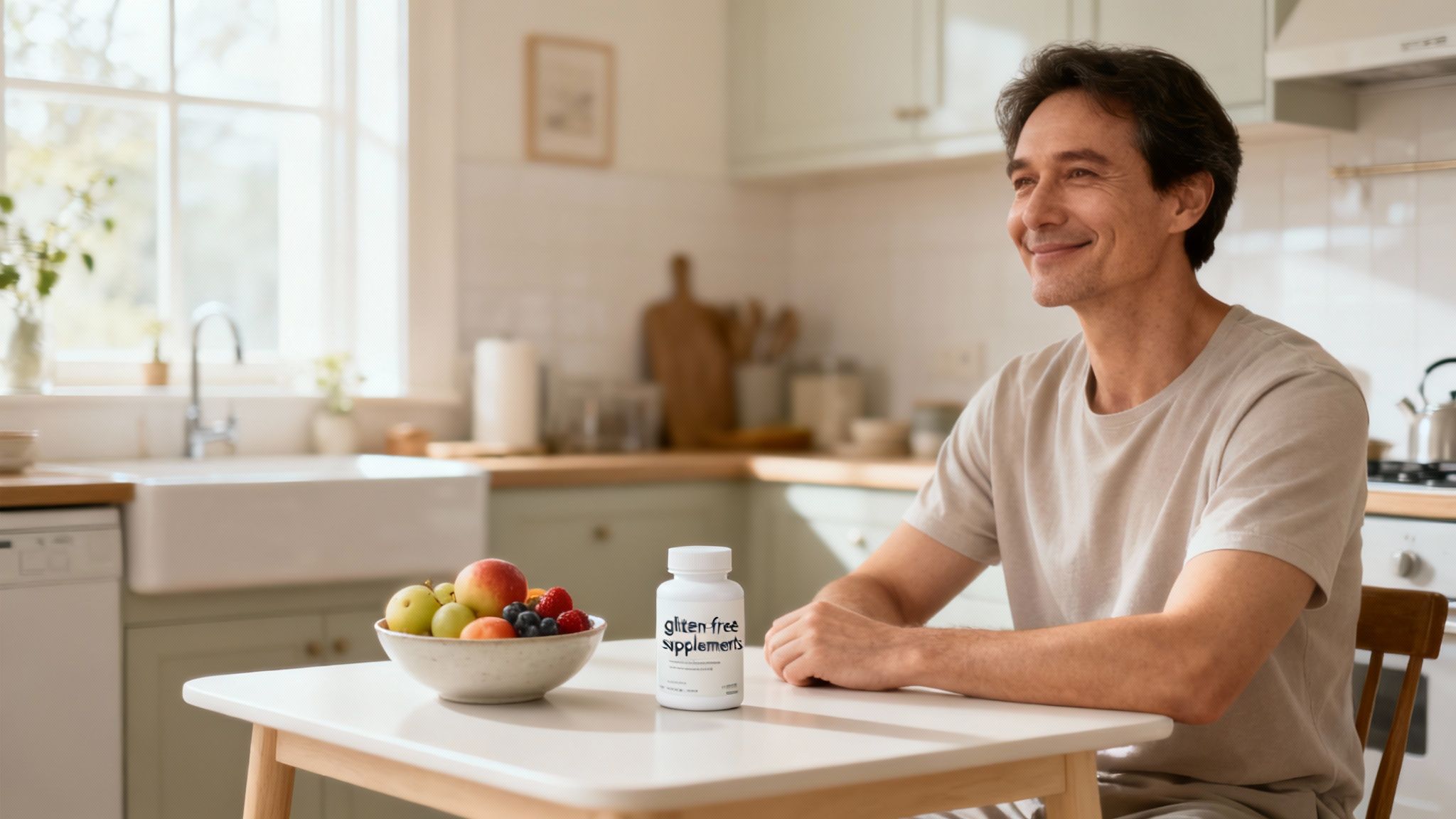 A vibrant assortment of colorful gluten-free foods and supplements arranged on a clean, bright surface.