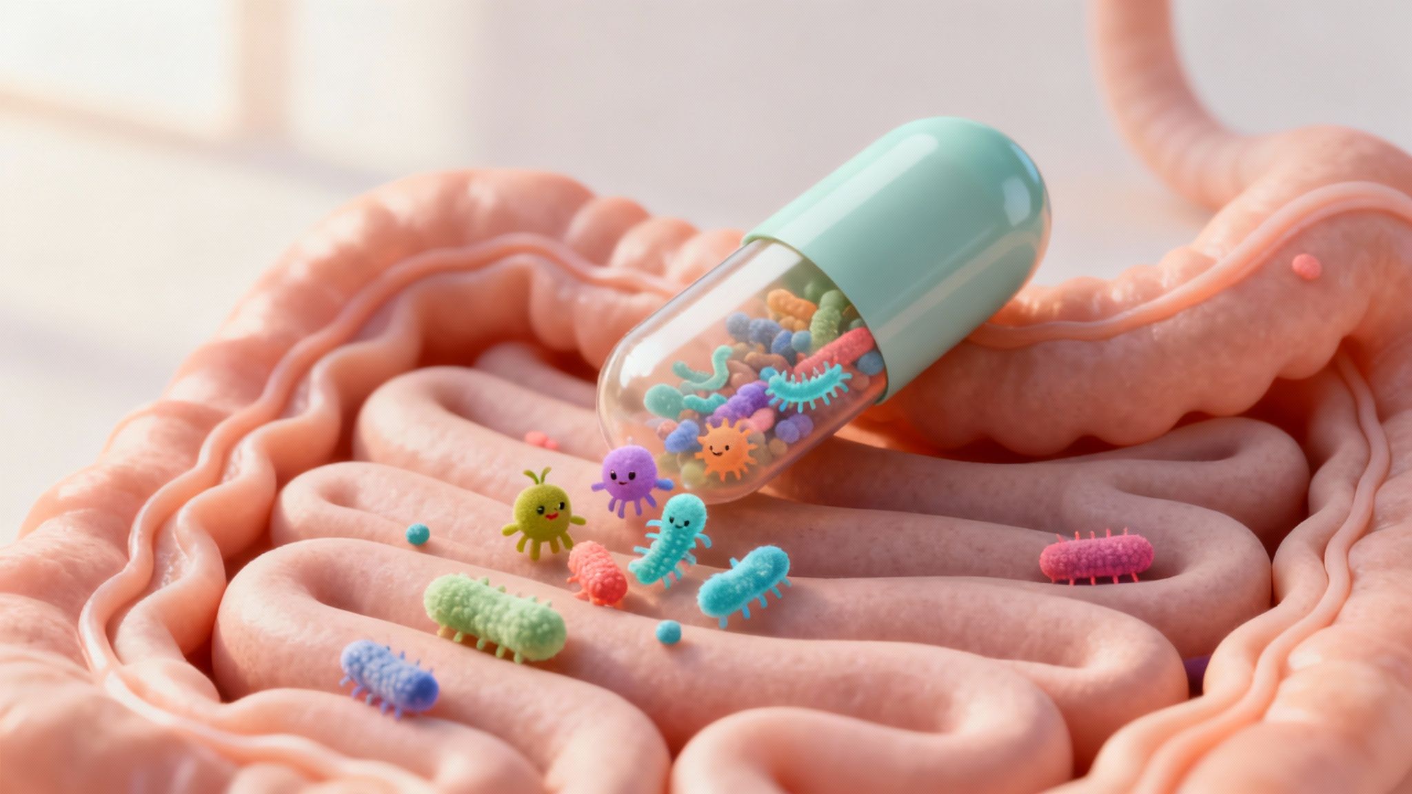 Friendly bacteria floating in a representation of the gut