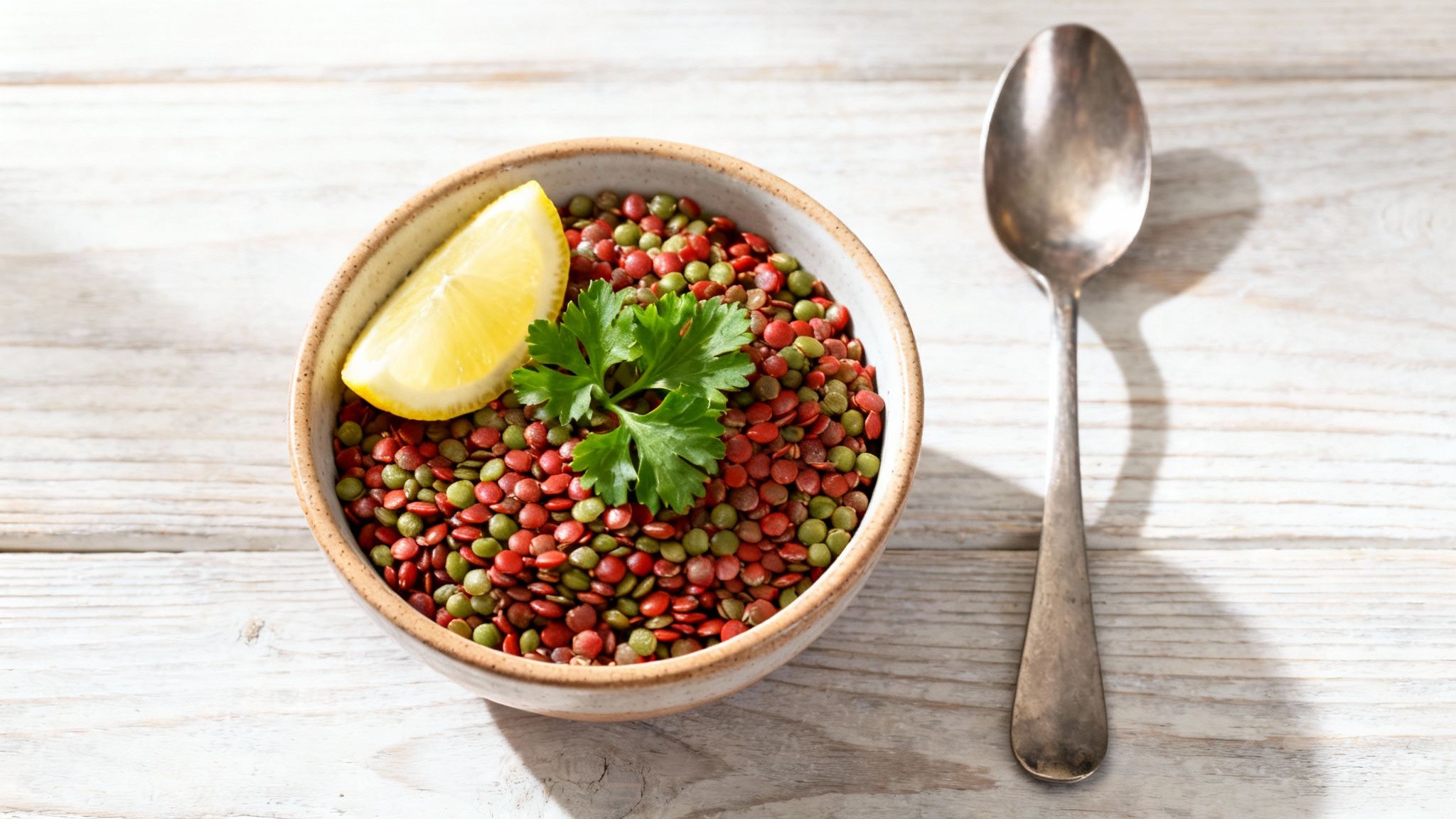 Bowl of red and green lentils with lemon, parsley, and a spoon on a wooden table.