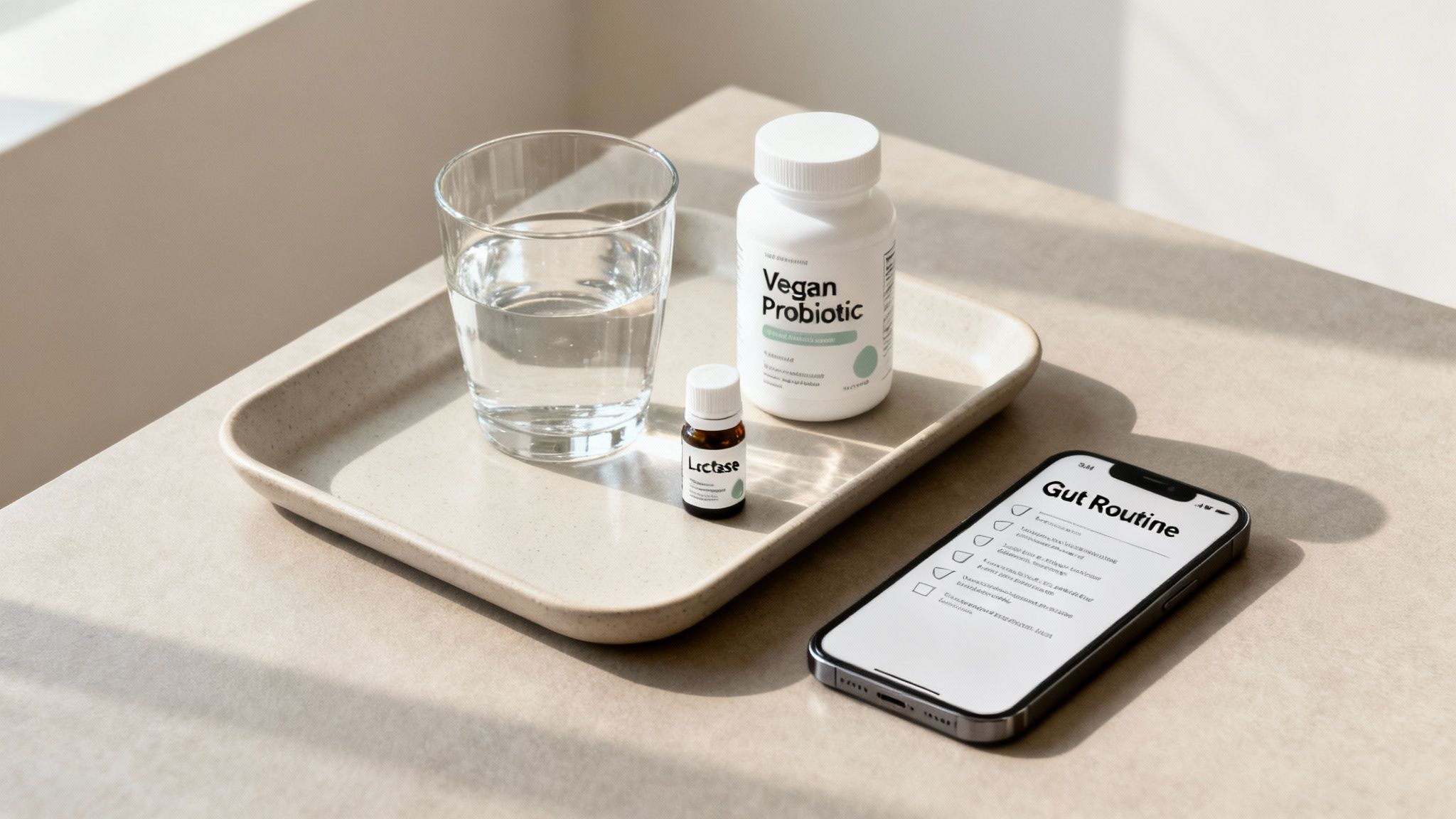 A white bottle of Vegan Probiotic, Lactase drops, water, and a phone with a 'Gut Routine' app.