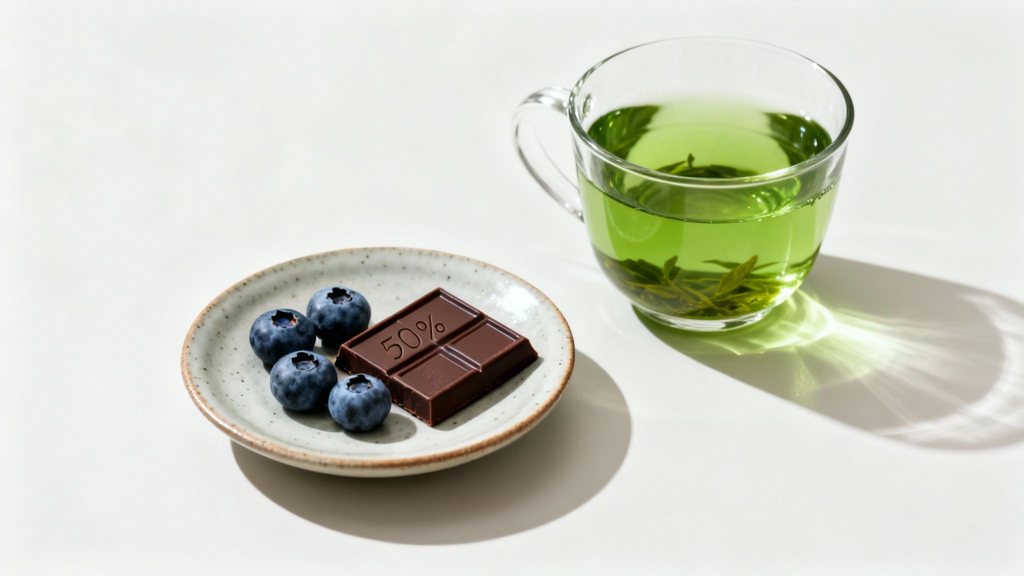 A plate with blueberries and a 50% dark chocolate bar next to a glass of green tea.
