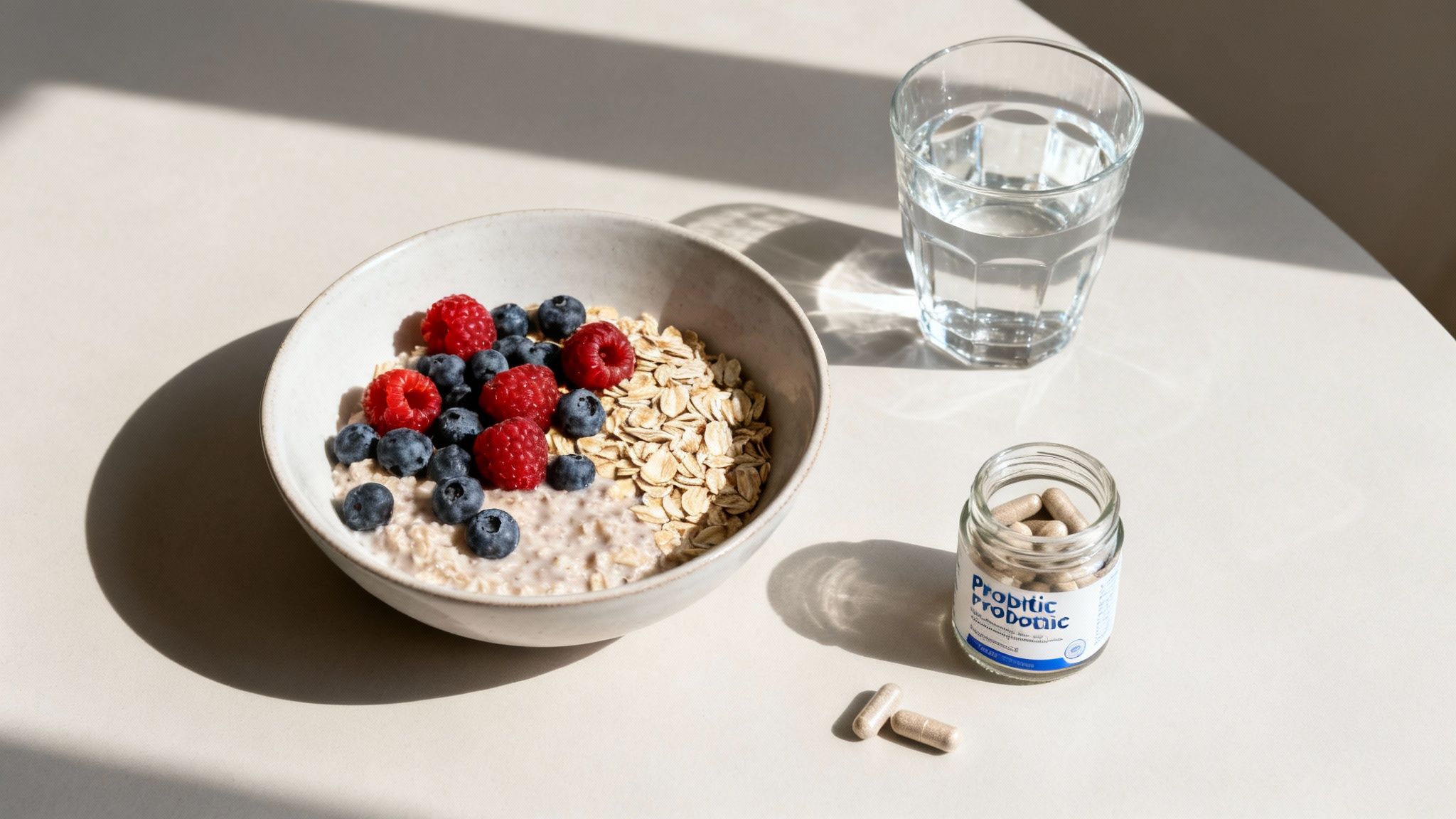 A healthy breakfast of oatmeal with berries, a glass of water, and probiotic capsules.