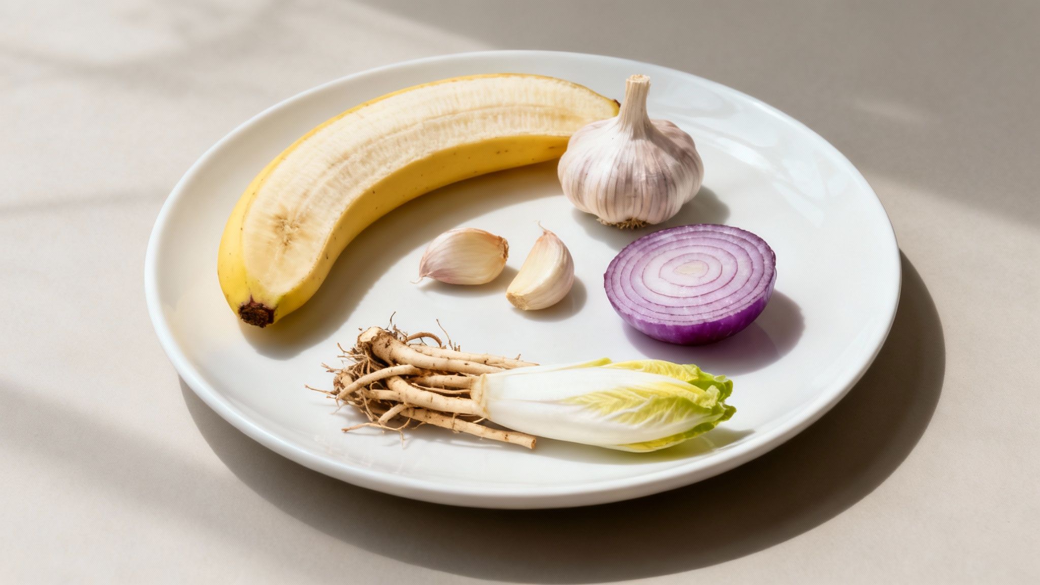 A variety of prebiotic-rich foods like garlic, onions, asparagus, and bananas artfully arranged.