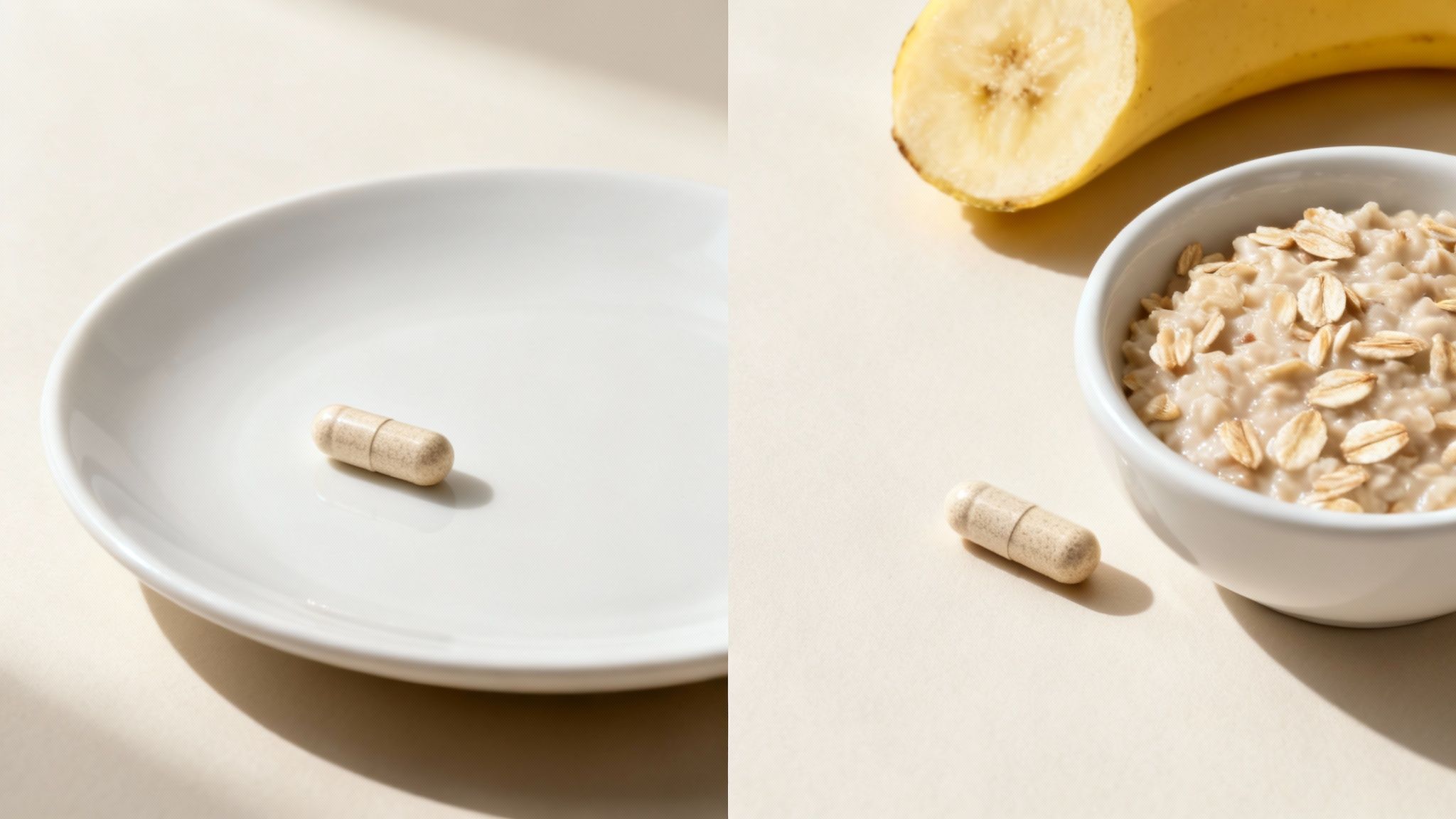 A person's hands holding a glass of water and a probiotic gummy, with a blurred background of a calm morning or evening setting.
