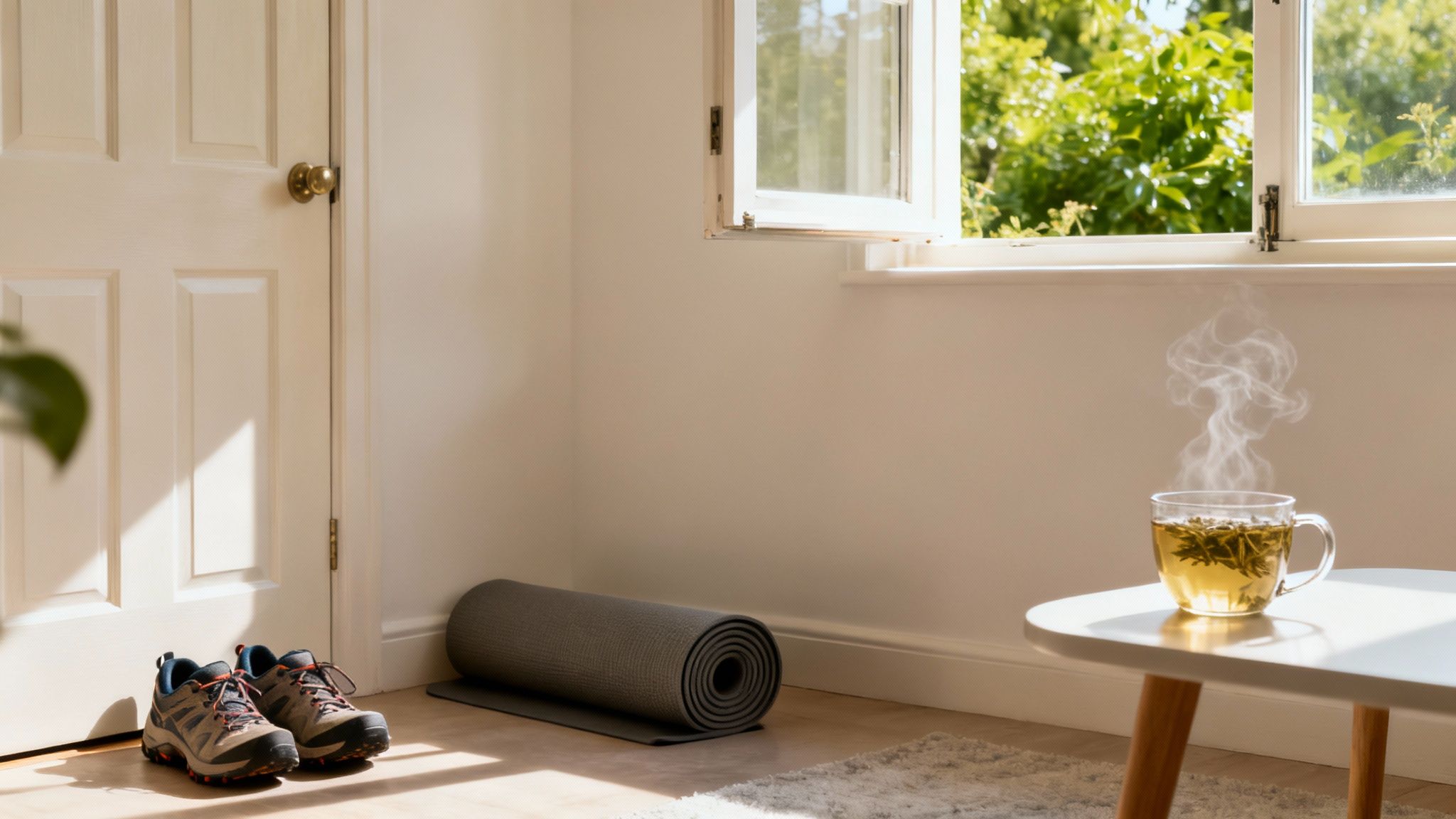 A sunny room with a yoga mat, hiking boots, and a cup of steaming tea by an open window.