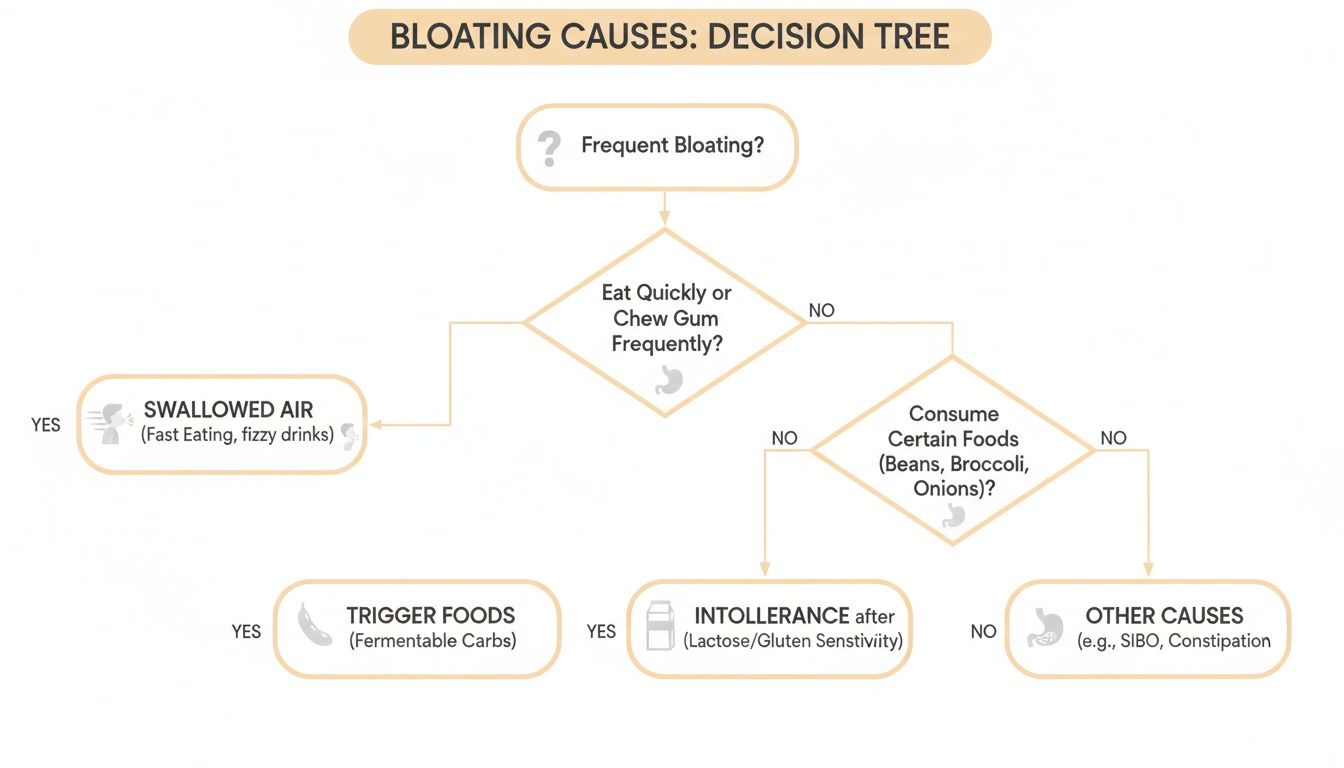 Decision tree flowchart illustrating common causes of bloating, from swallowed air to food intolerances.