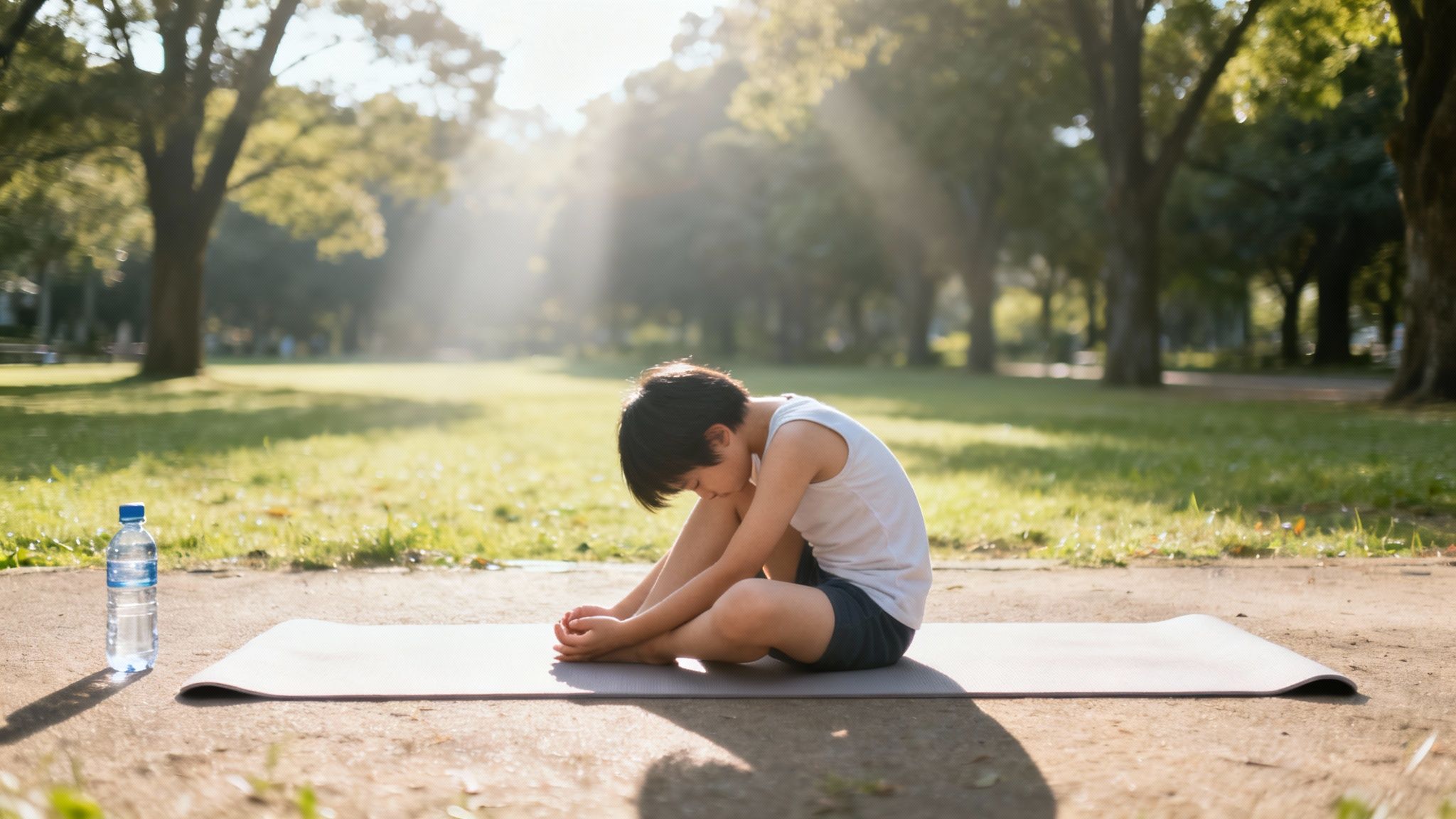 A child in a white top stretches on a yoga mat in a sunny park with a water bottle.