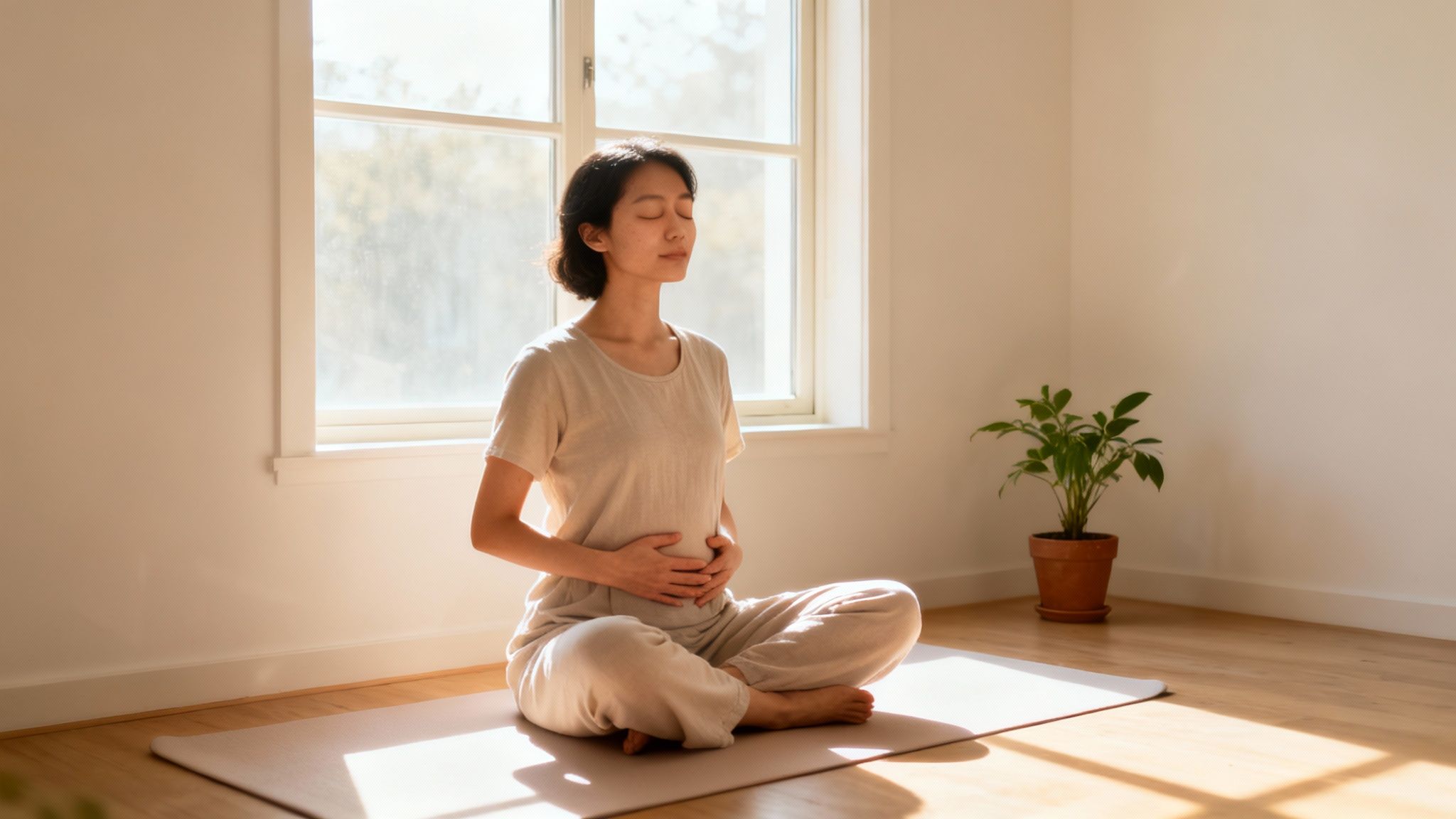 A woman sits cross-legged on a yoga mat, eyes closed, hands on her stomach, meditating in a sunlit room.