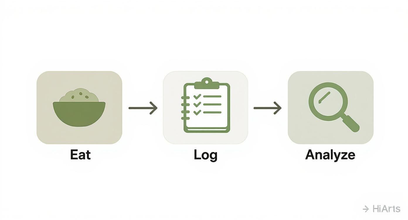 Three-step process showing eat, log, and analyze icons for tracking food intake and identifying sensitivities