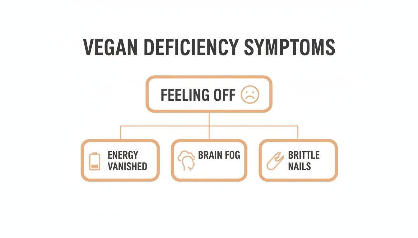 Diagram illustrating common vegan deficiency symptoms, including feeling off, vanished energy, brain fog, and brittle nails.