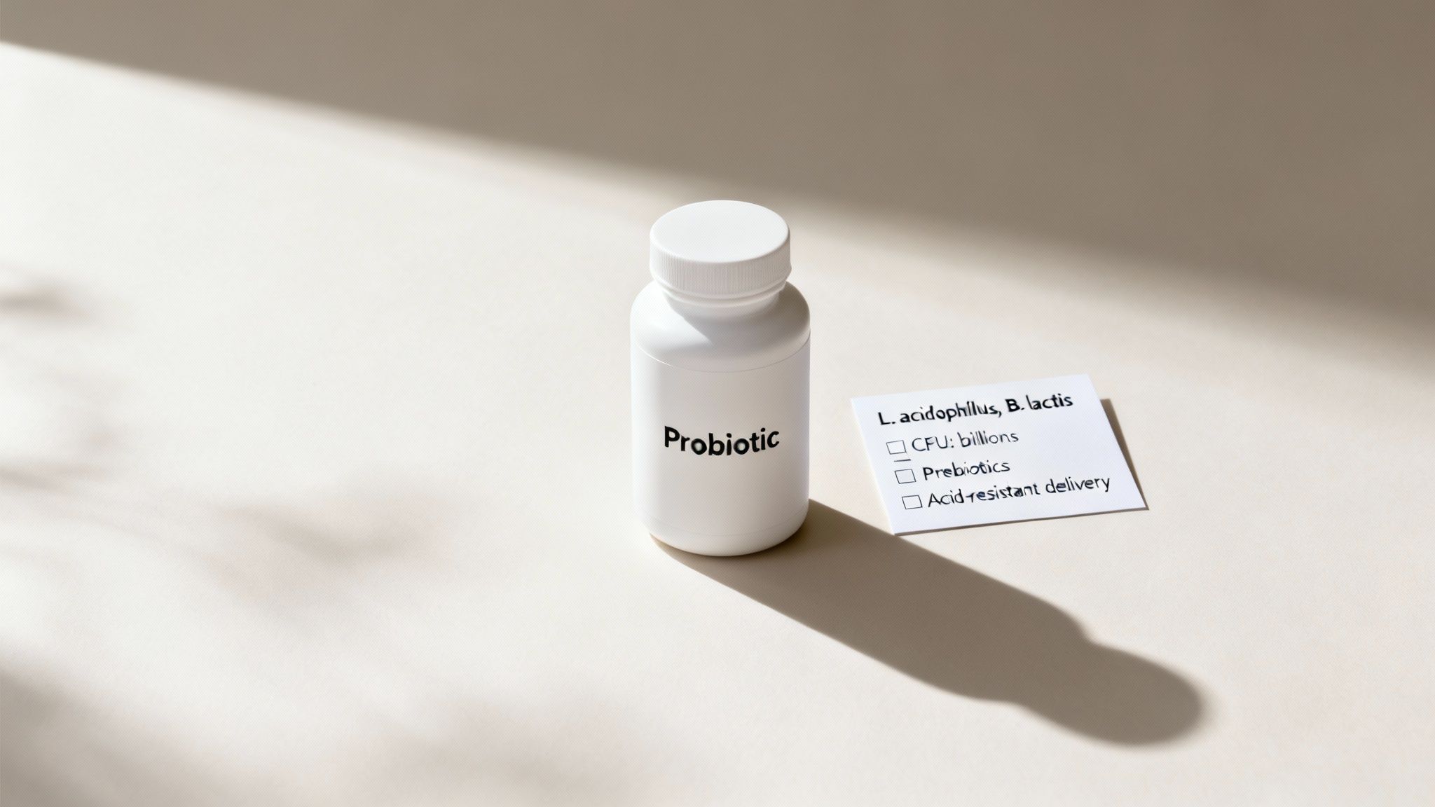 A hand holding a capsule, symbolizing the choice of a probiotic supplement.