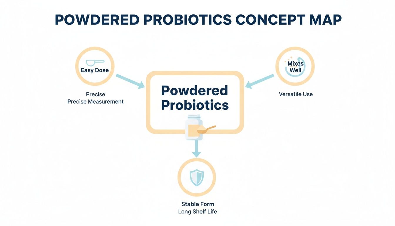 Concept map illustrating the benefits of powdered probiotics, highlighting easy dosing, good mixability, and stable form.