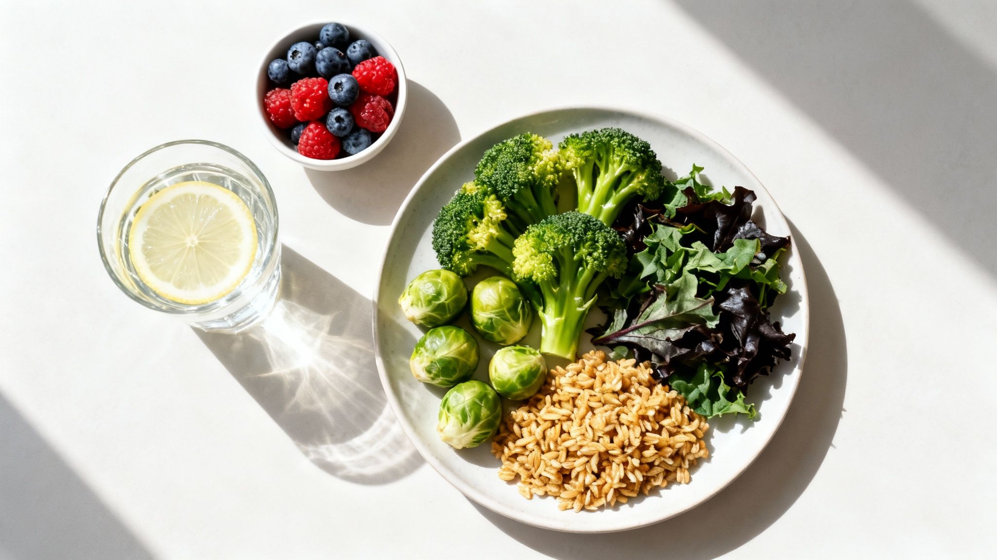 A healthy meal with broccoli, Brussels sprouts, mixed greens, grains, berries, and lemon water on a white table.