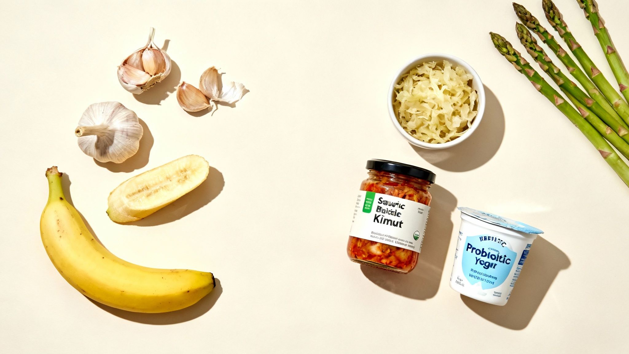 A colorful array of fruits and vegetables on a wooden table, representing prebiotic and probiotic food sources.