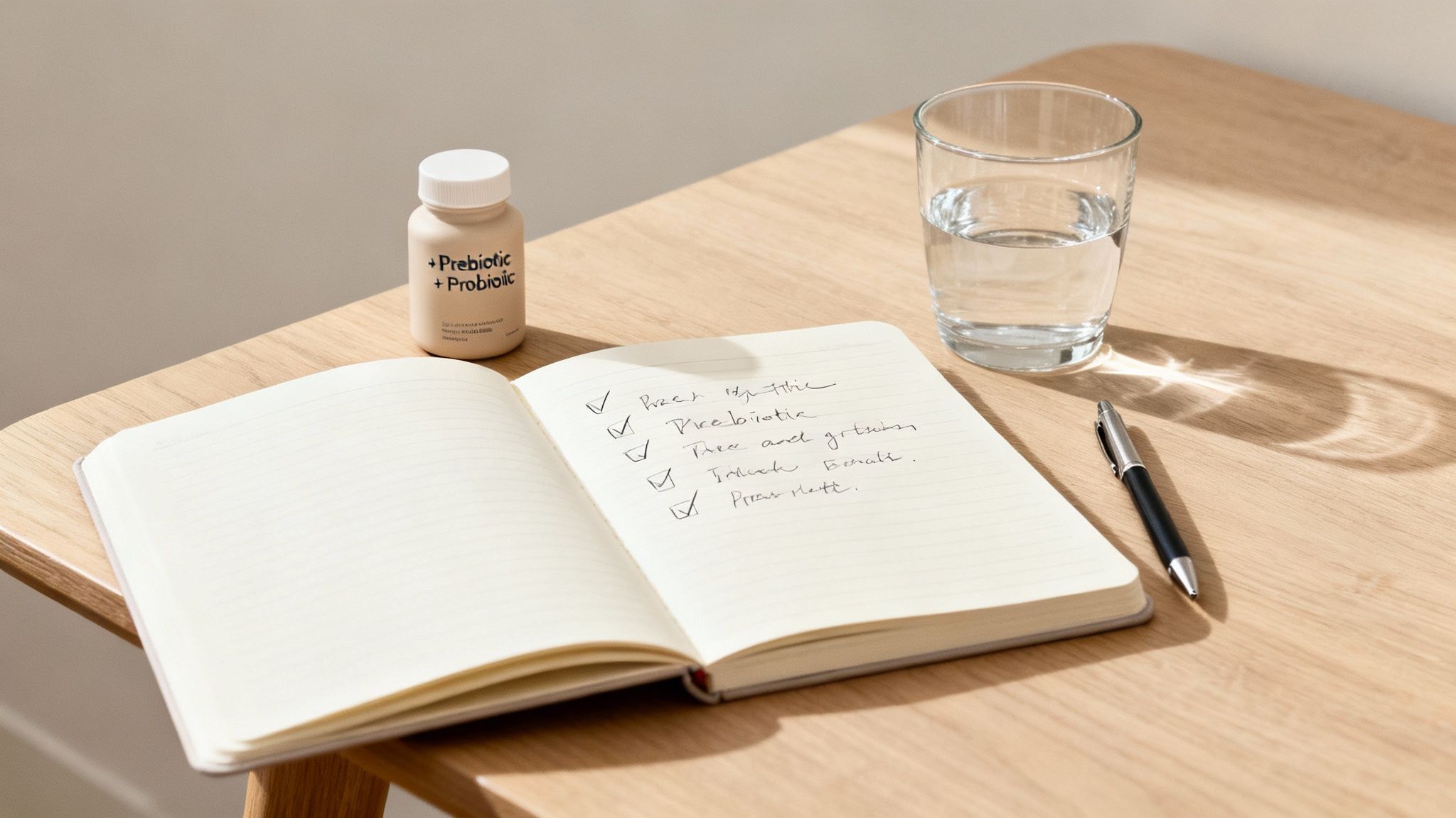 A bottle of prebiotic and probiotic, a glass of water, and a notebook with a checklist on a wooden table.