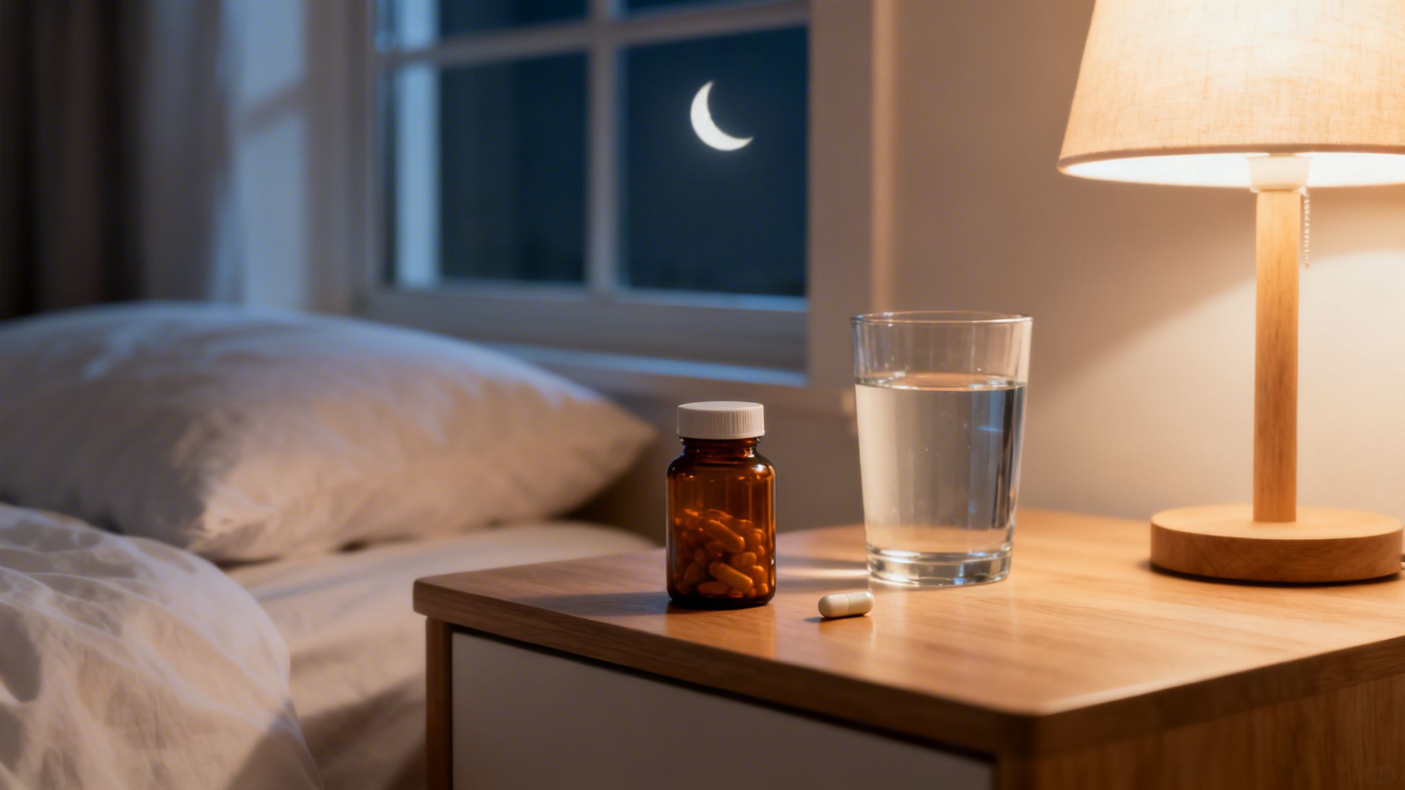 A bedside table with a lamp, a glass of water, and pills at night with a crescent moon visible through the window.