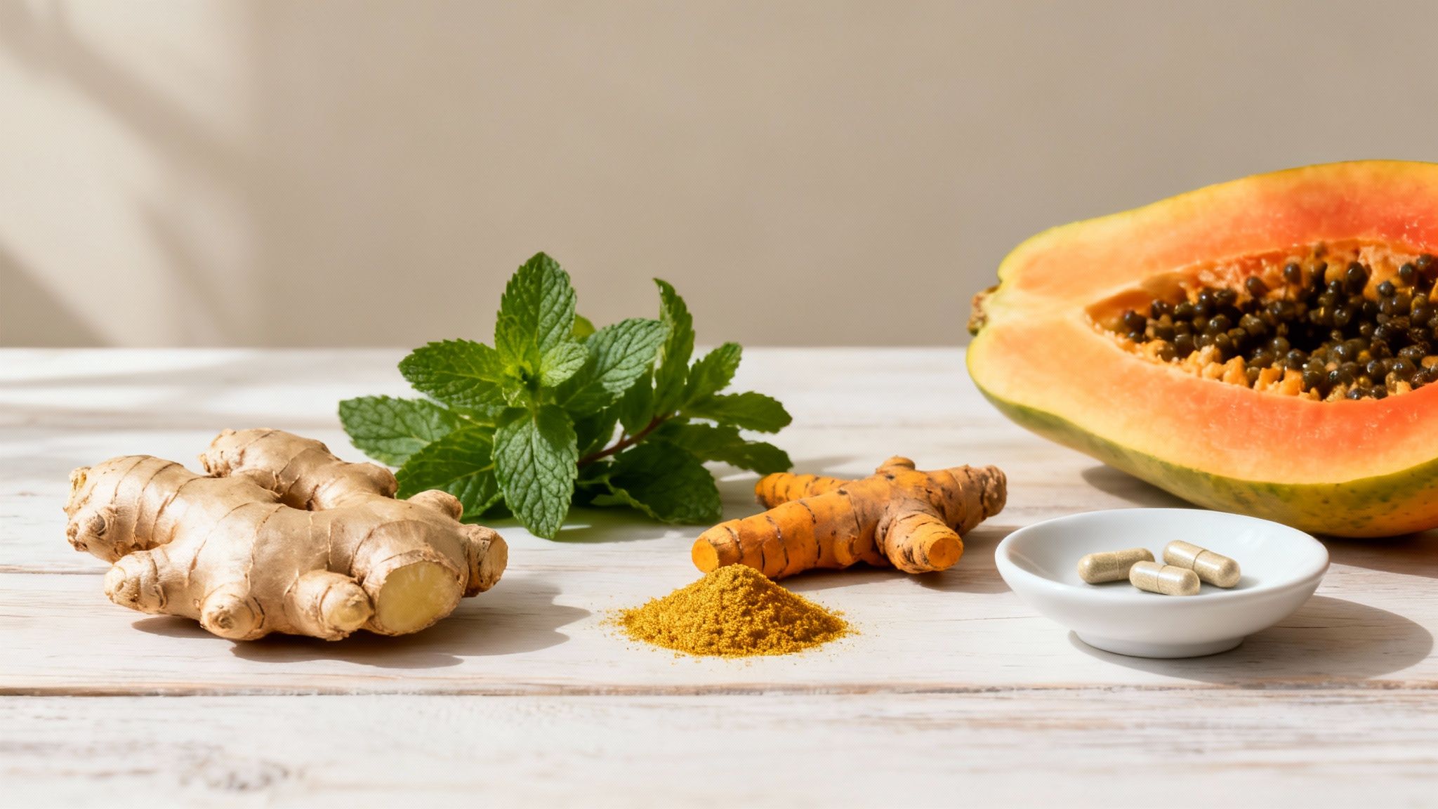 A vibrant display of natural ingredients and herbal supplements, including ginger, mint, turmeric, capsules, and papaya.