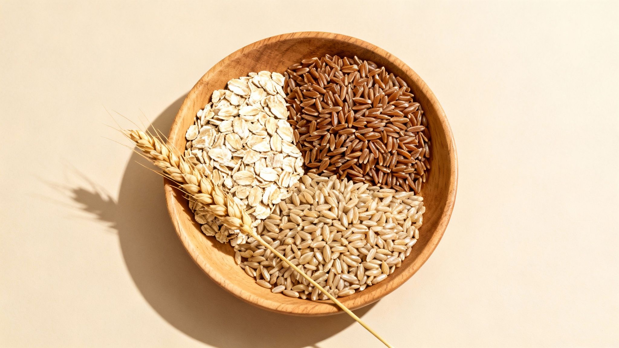 A wooden bowl filled with various grains: oats, brown rice, and rye, with a wheat ear.