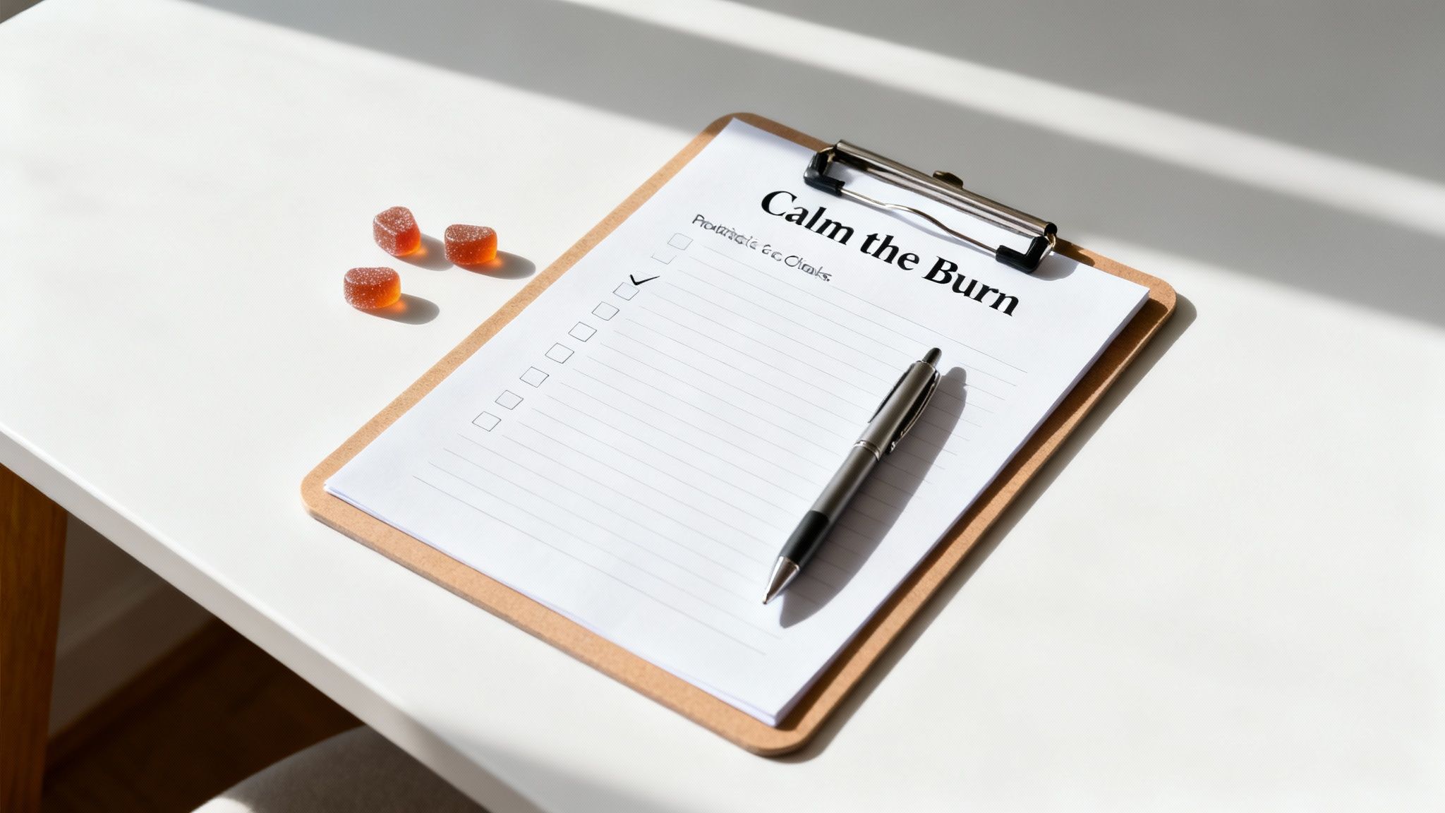 A clipboard titled 'Calm the Burn' with a pen and heart-shaped gummies on a white table.