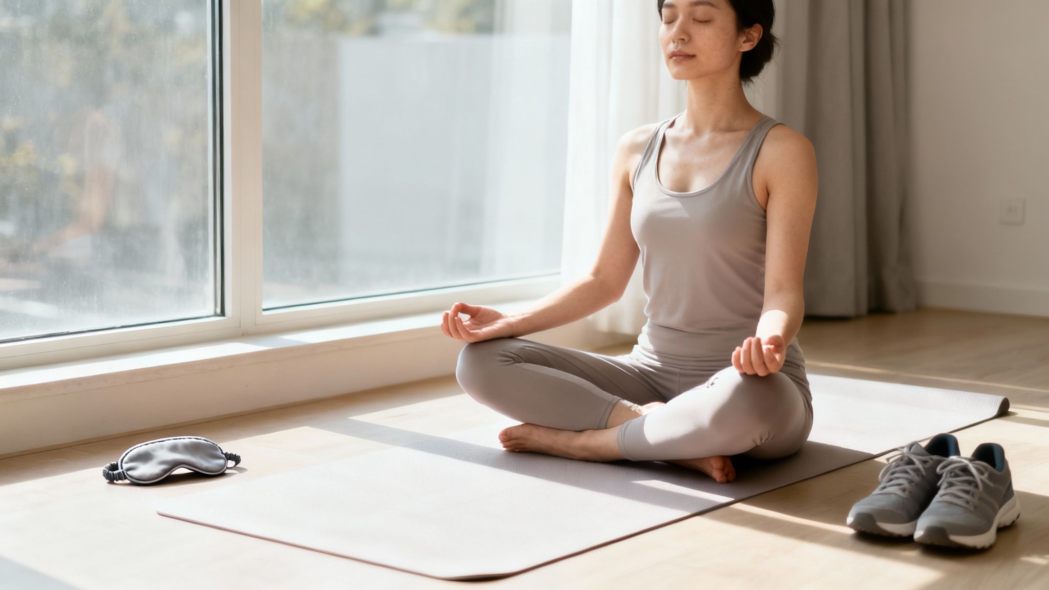 Woman practicing meditation in lotus position on yoga mat by window for mindful wellness