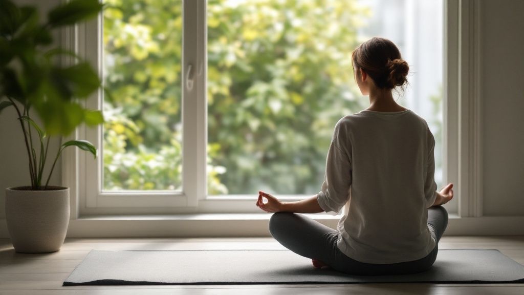 Woman meditating peacefully outdoors to support gut health.