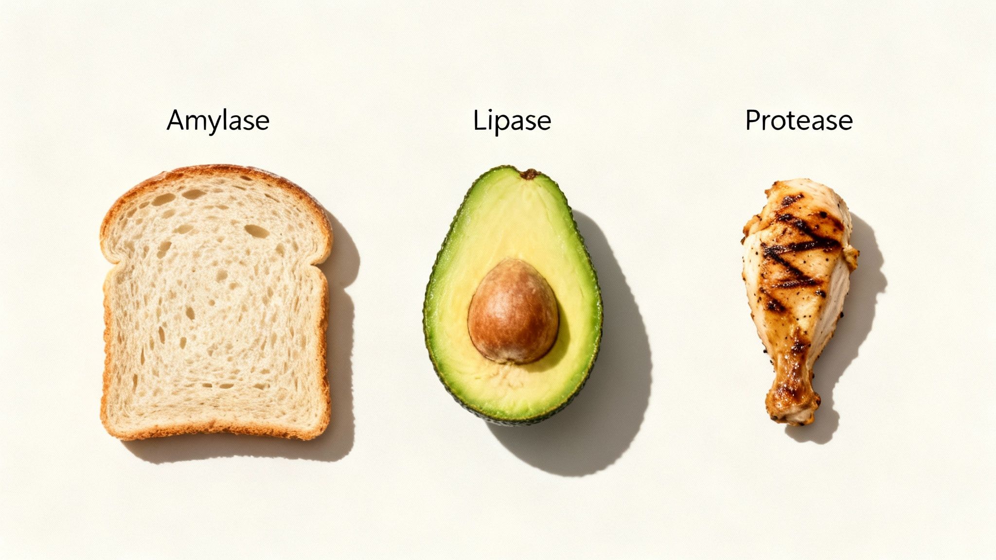 Visual explanation of digestive enzymes: Amylase with bread, Lipase with avocado, Protease with chicken.