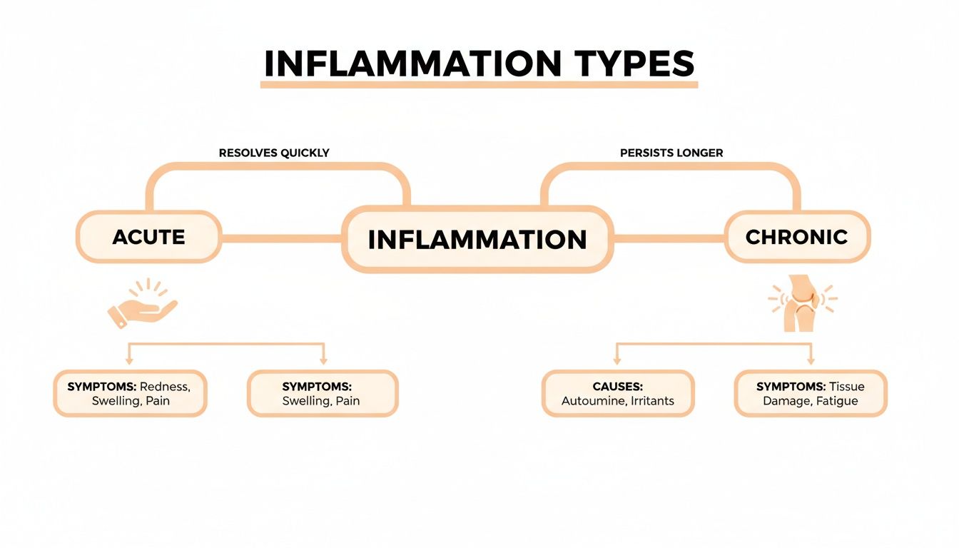 A flowchart illustrating inflammation types, distinguishing between acute and chronic inflammation with their symptoms and causes.