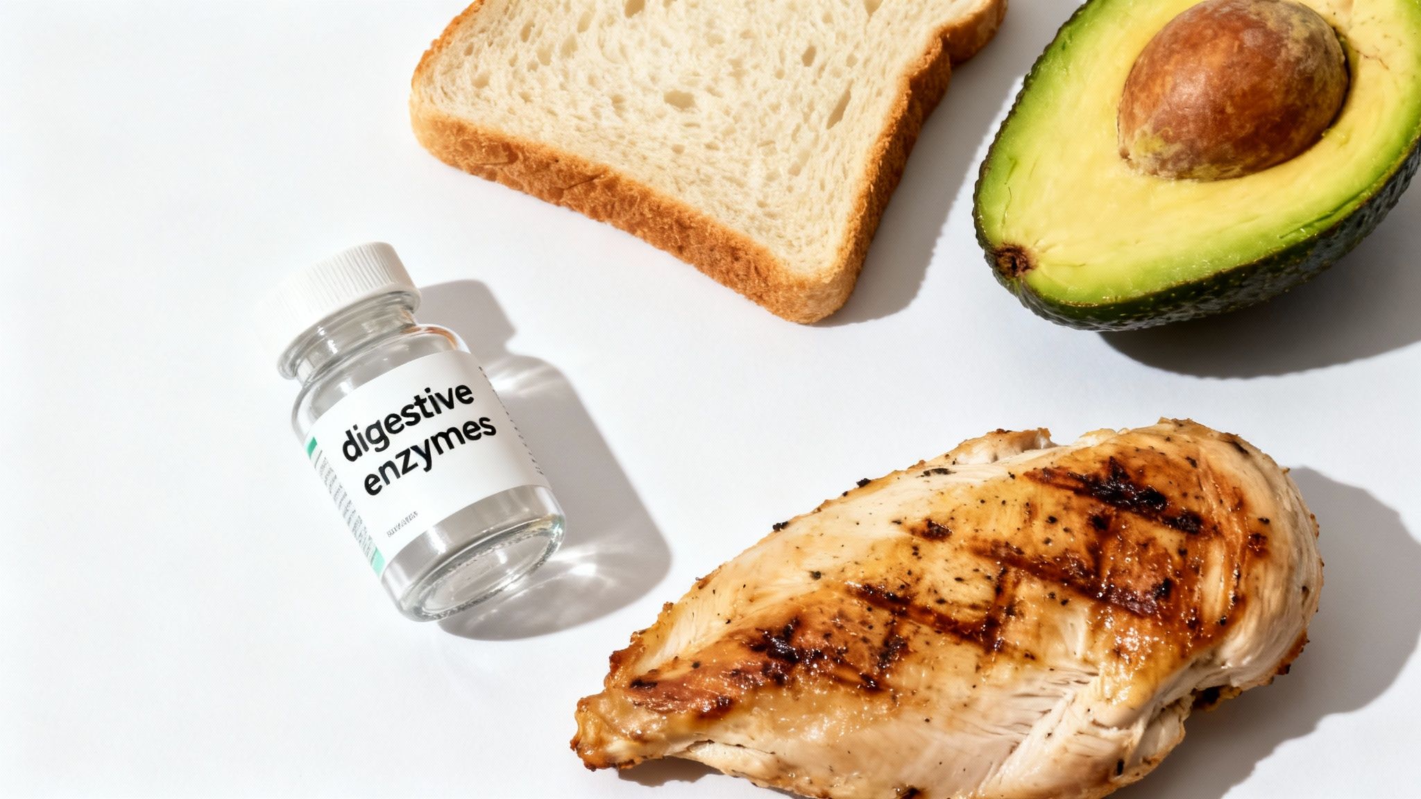 A bottle of digestive enzymes next to grilled chicken, a slice of bread, and half an avocado.