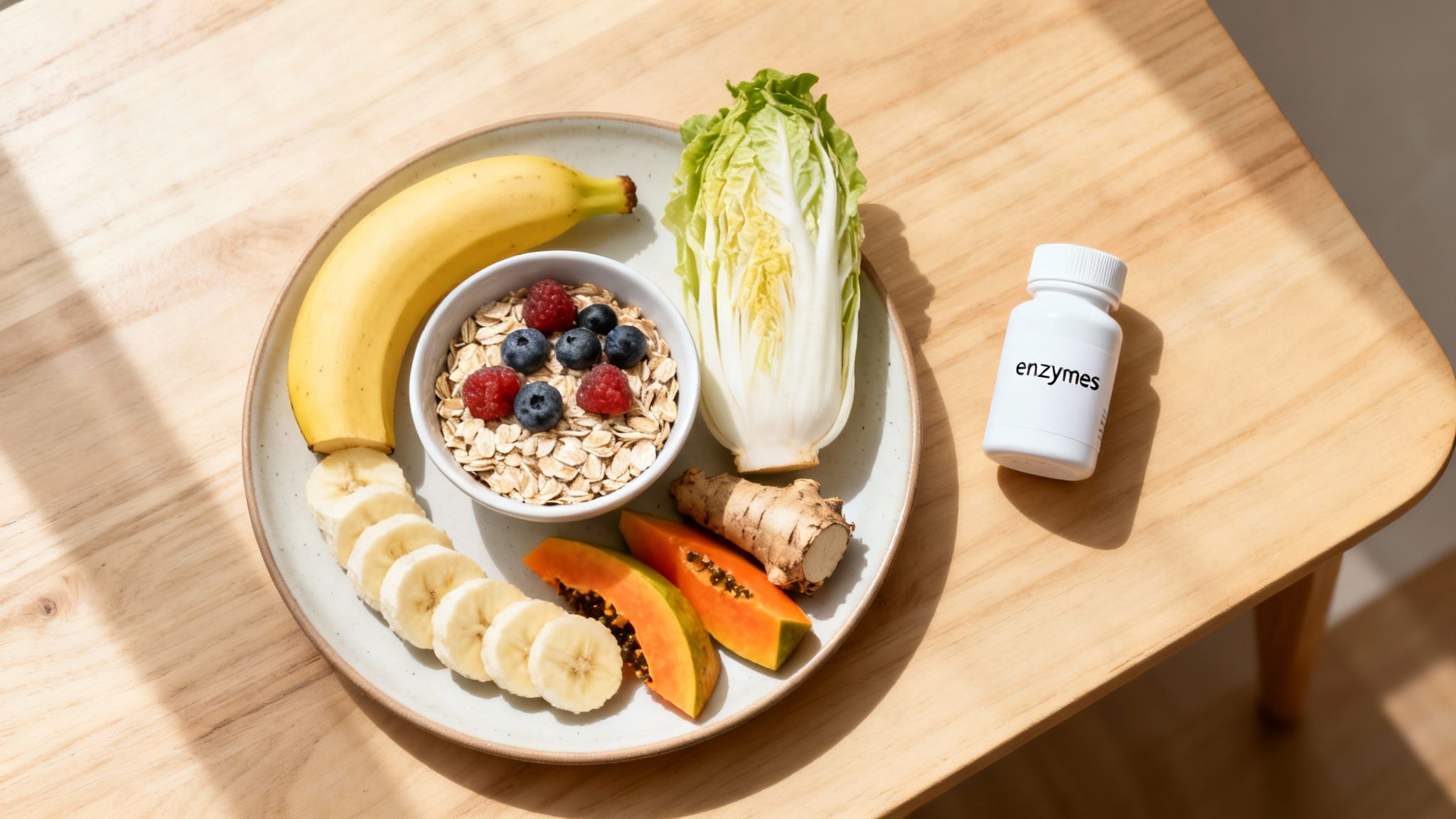 A plate of fresh fruits, vegetables, oatmeal, and an 'enzymes' supplement for digestion.