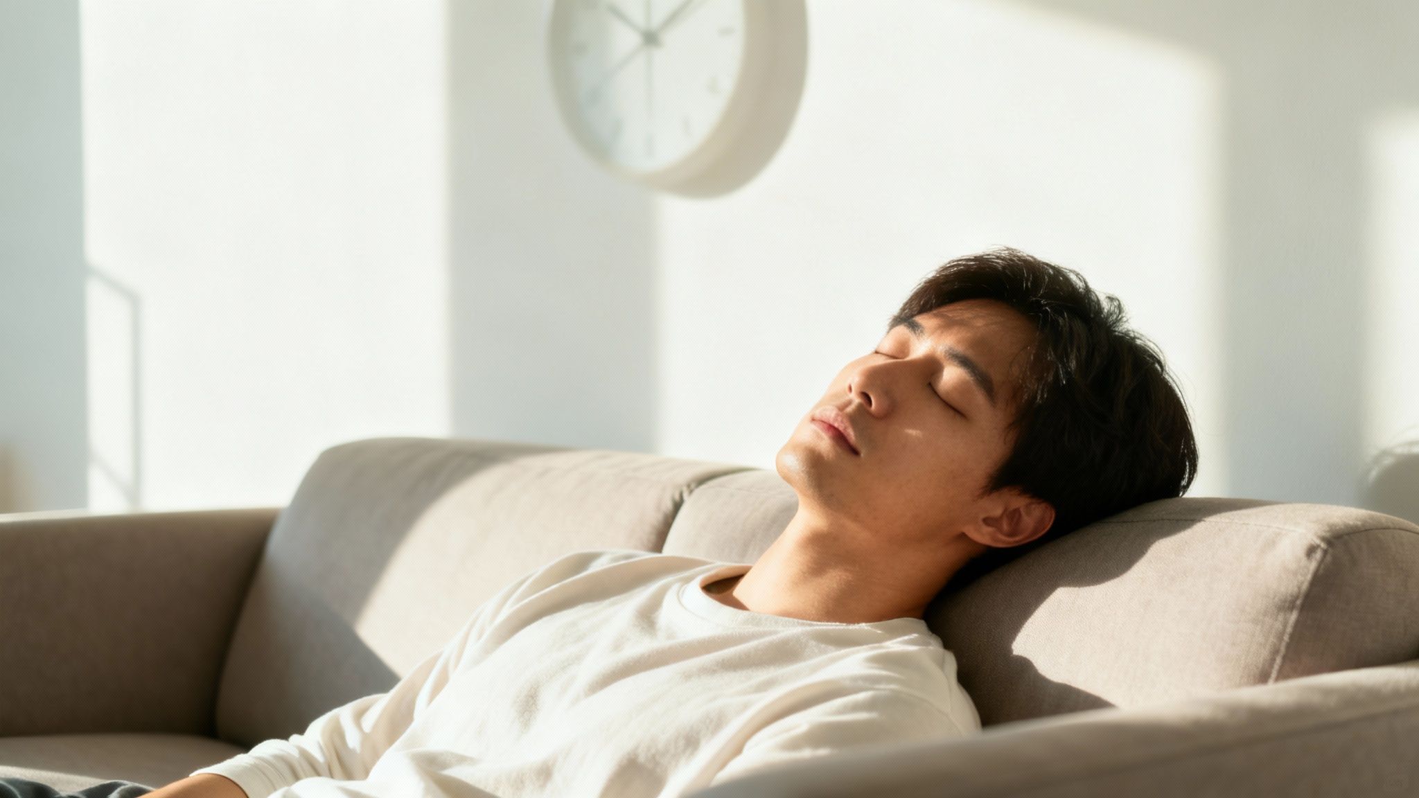 A peaceful young man rests on a beige sofa in a sun-drenched room, eyes closed.