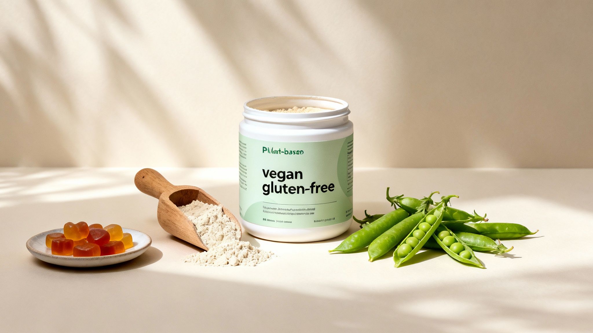 A woman smiles as she prepares a vegan protein shake with fresh fruits and plant-based milk in a bright kitchen.