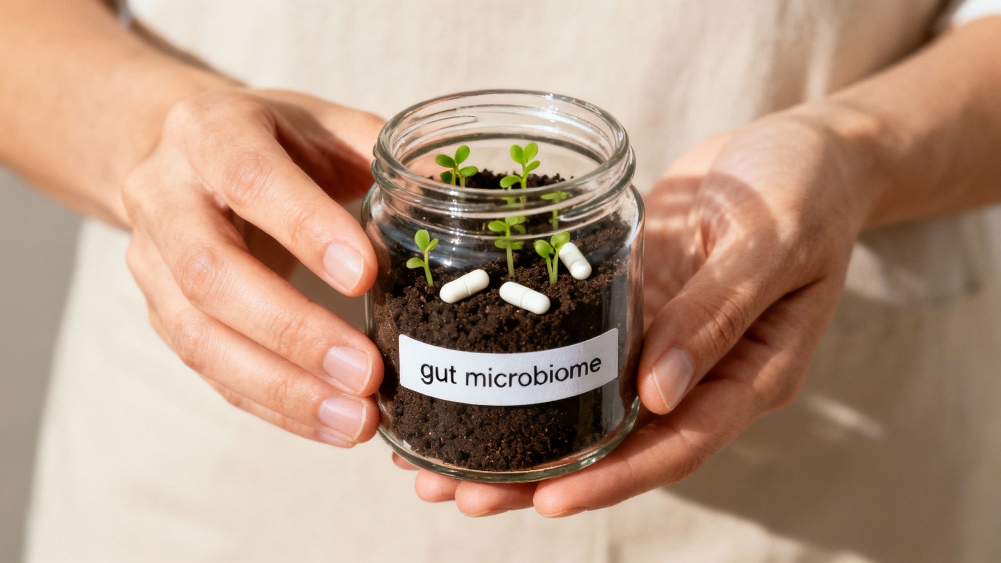 A woman with a happy and relieved expression holding her stomach, surrounded by healthy fruits and vegetables.