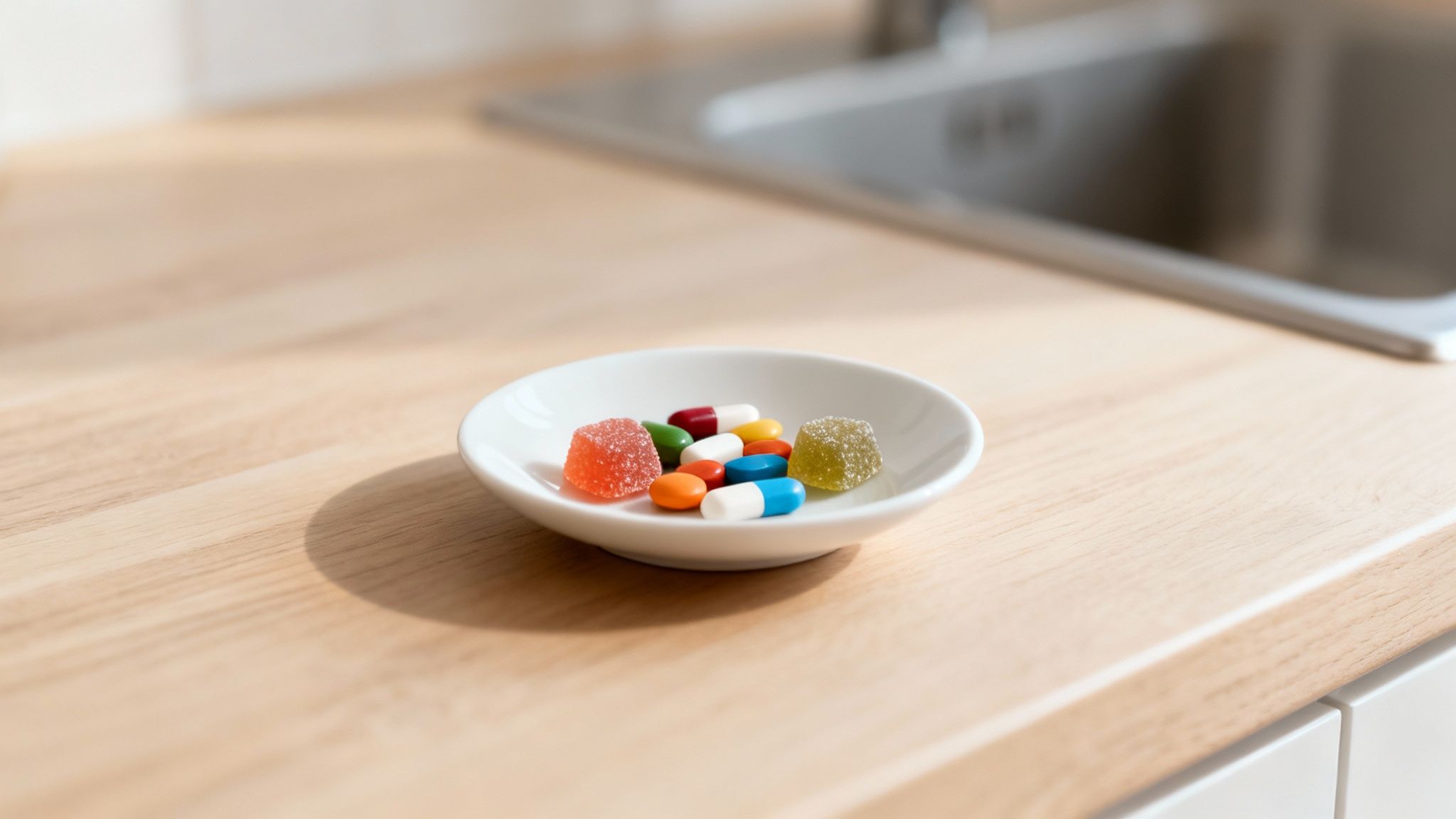 A small white dish with colorful pills, capsules, and two gummy candies on a wooden kitchen counter.