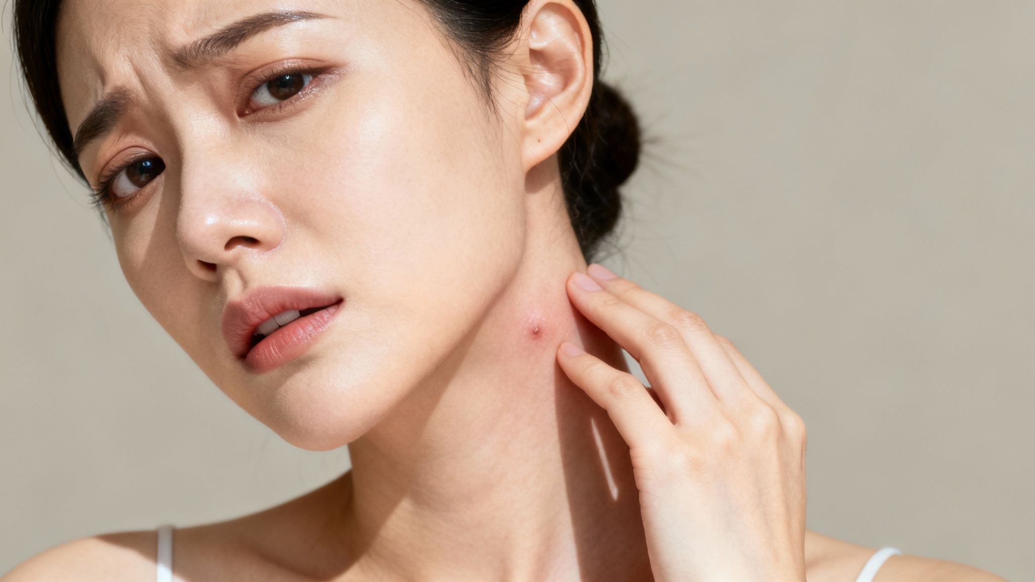 A young woman with a worried expression touches a red pimple on her neck.